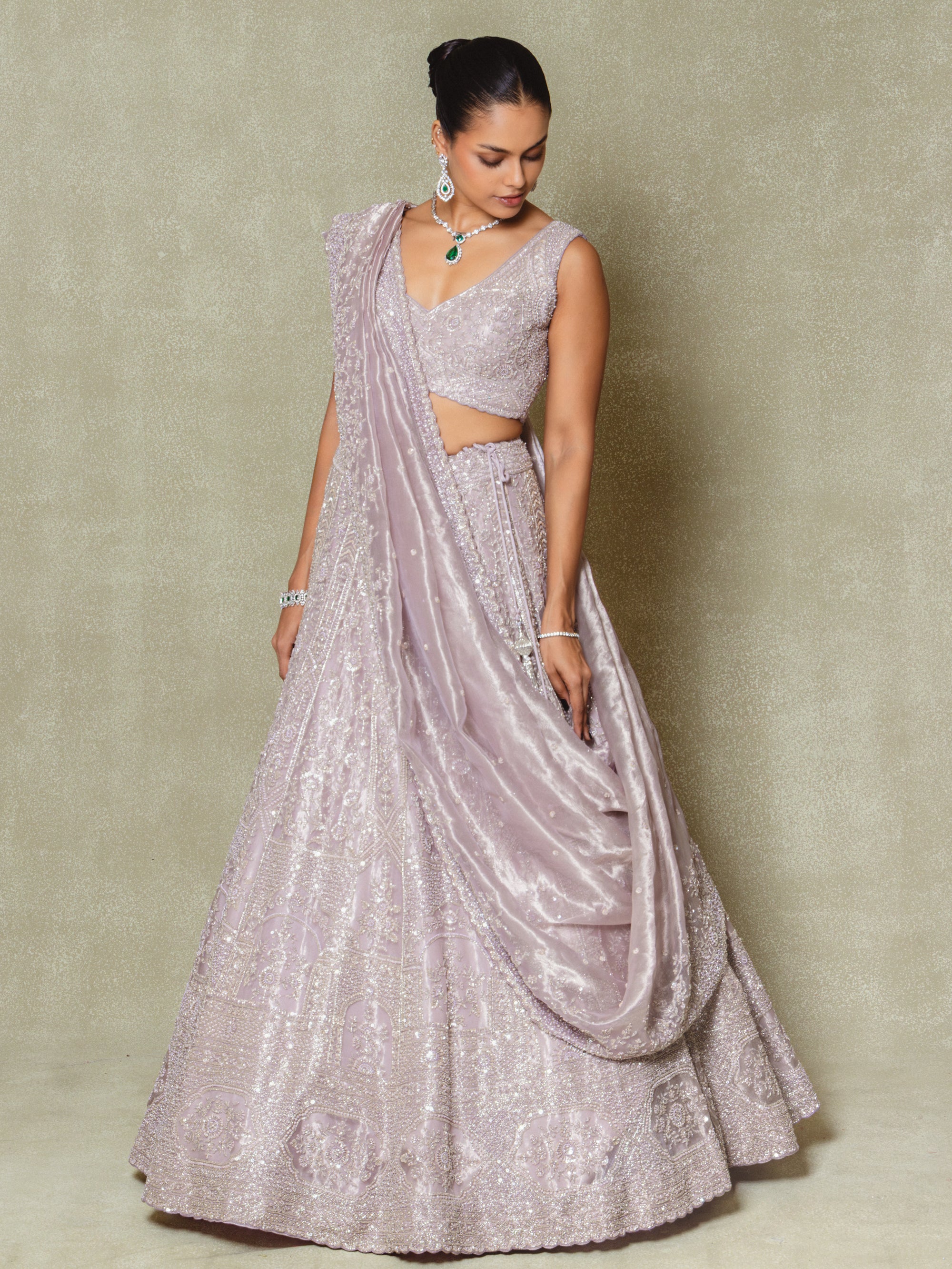 Lilac Tissue Sequins and Pearls Embroidered Lehenga Set