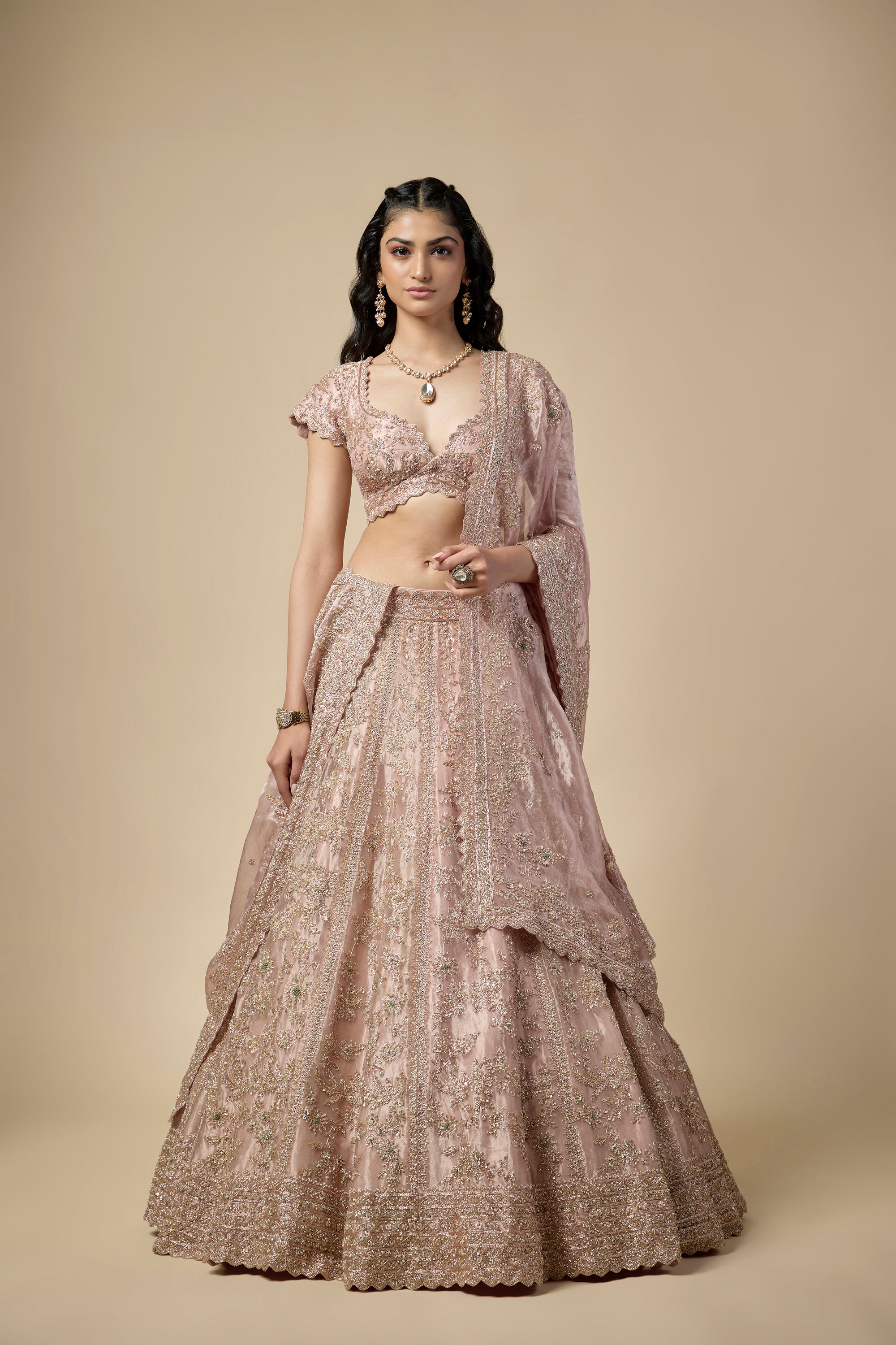 Rose Pink Tissue Sequins and Pearls Embroidered Lehenga Set