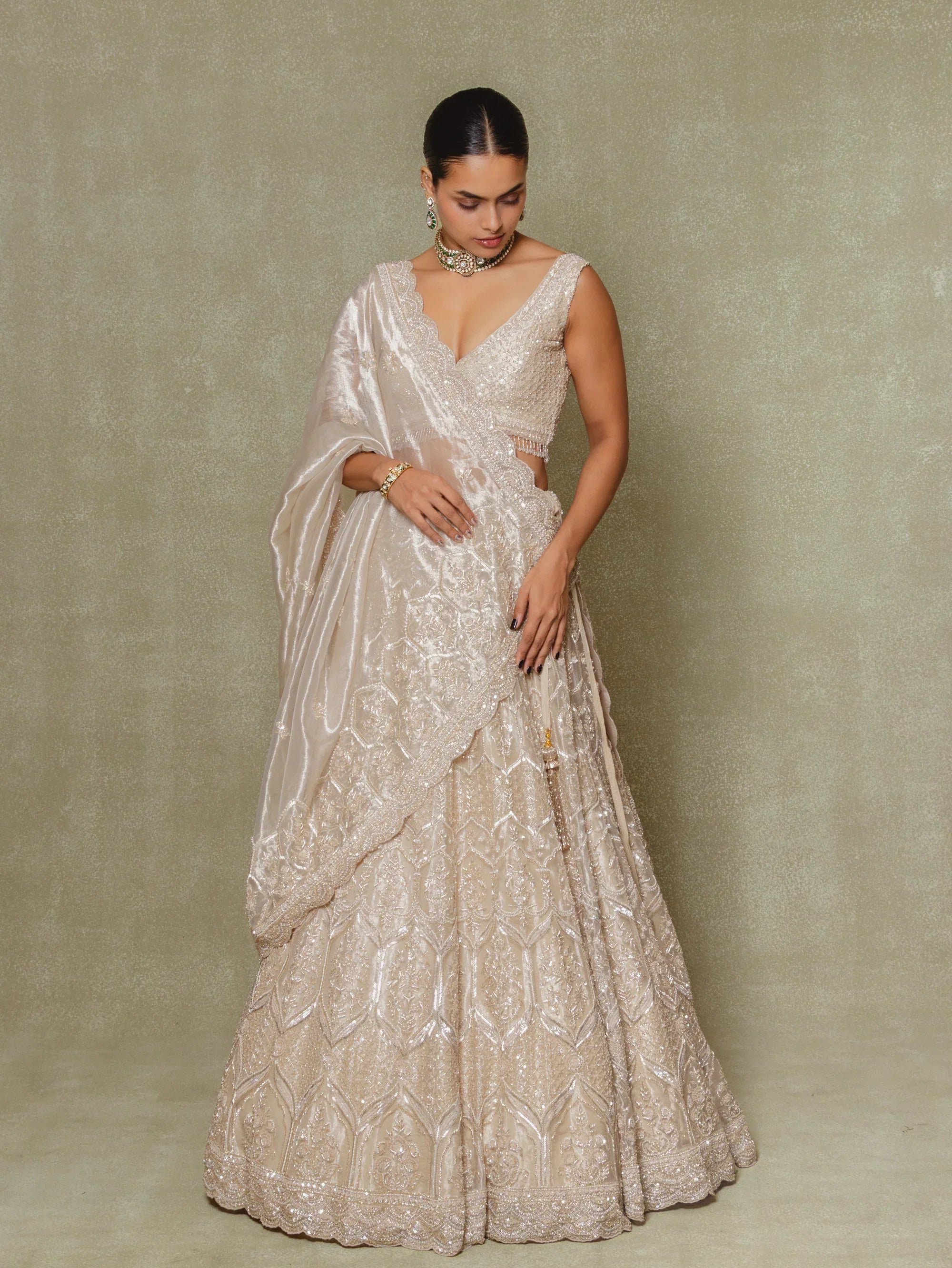 Champagne Tissue Cutdana and Sequins Embroidered Lehenga Set - Vedant G