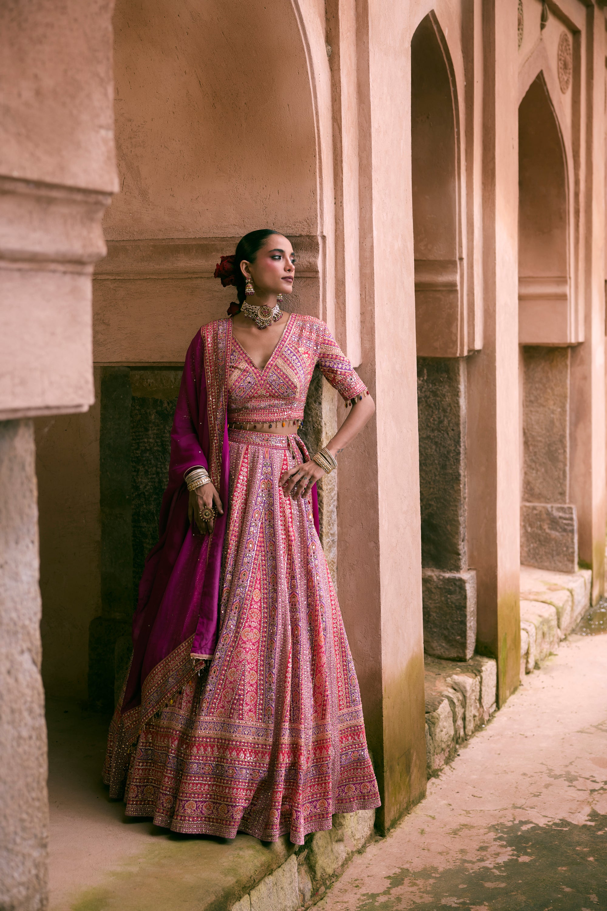 Purple Crepe Sequins Embellished Lehenga Set