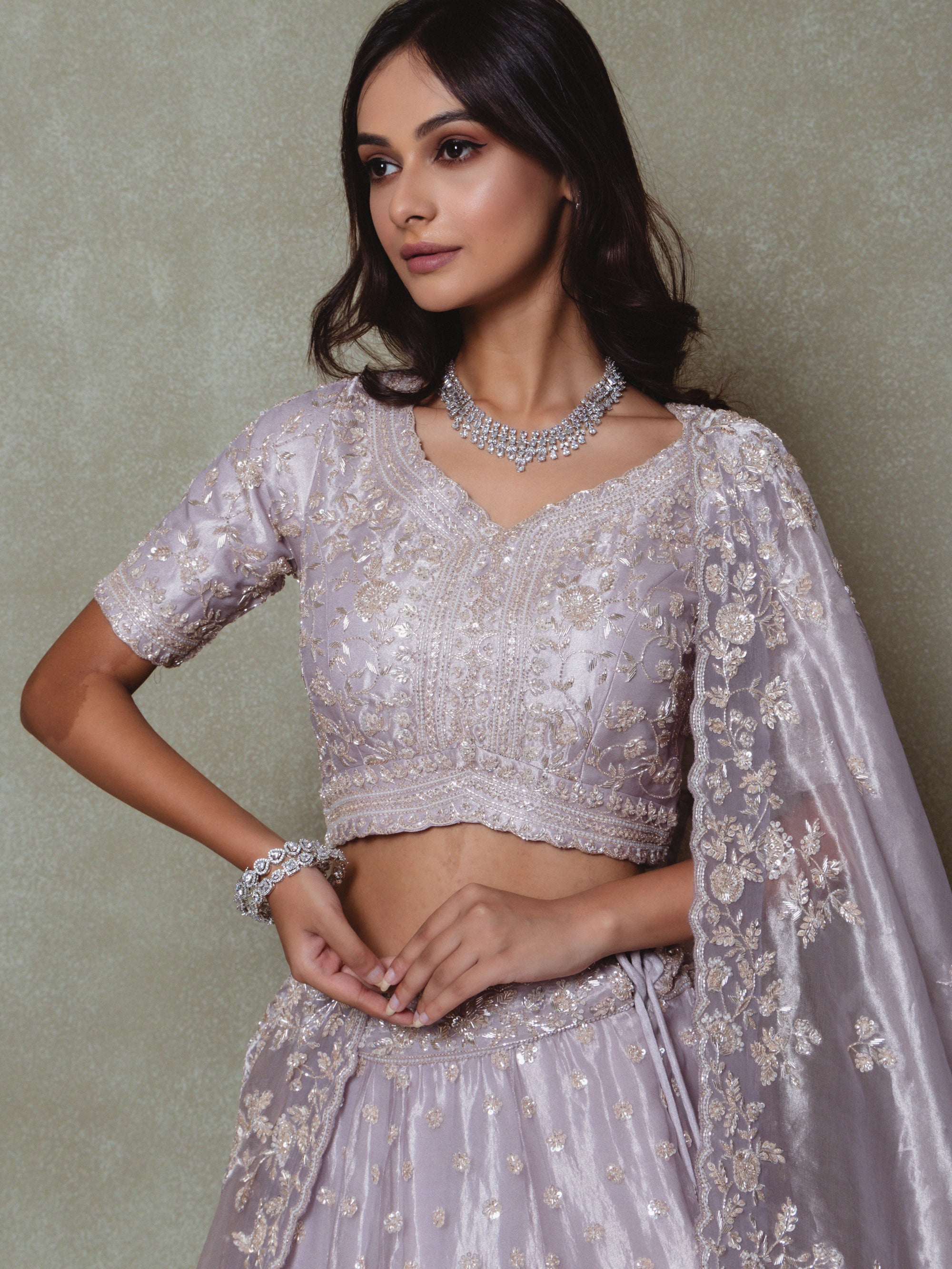 Lilac Tissue Pearls and Sequins Embroidered Lehenga Set
