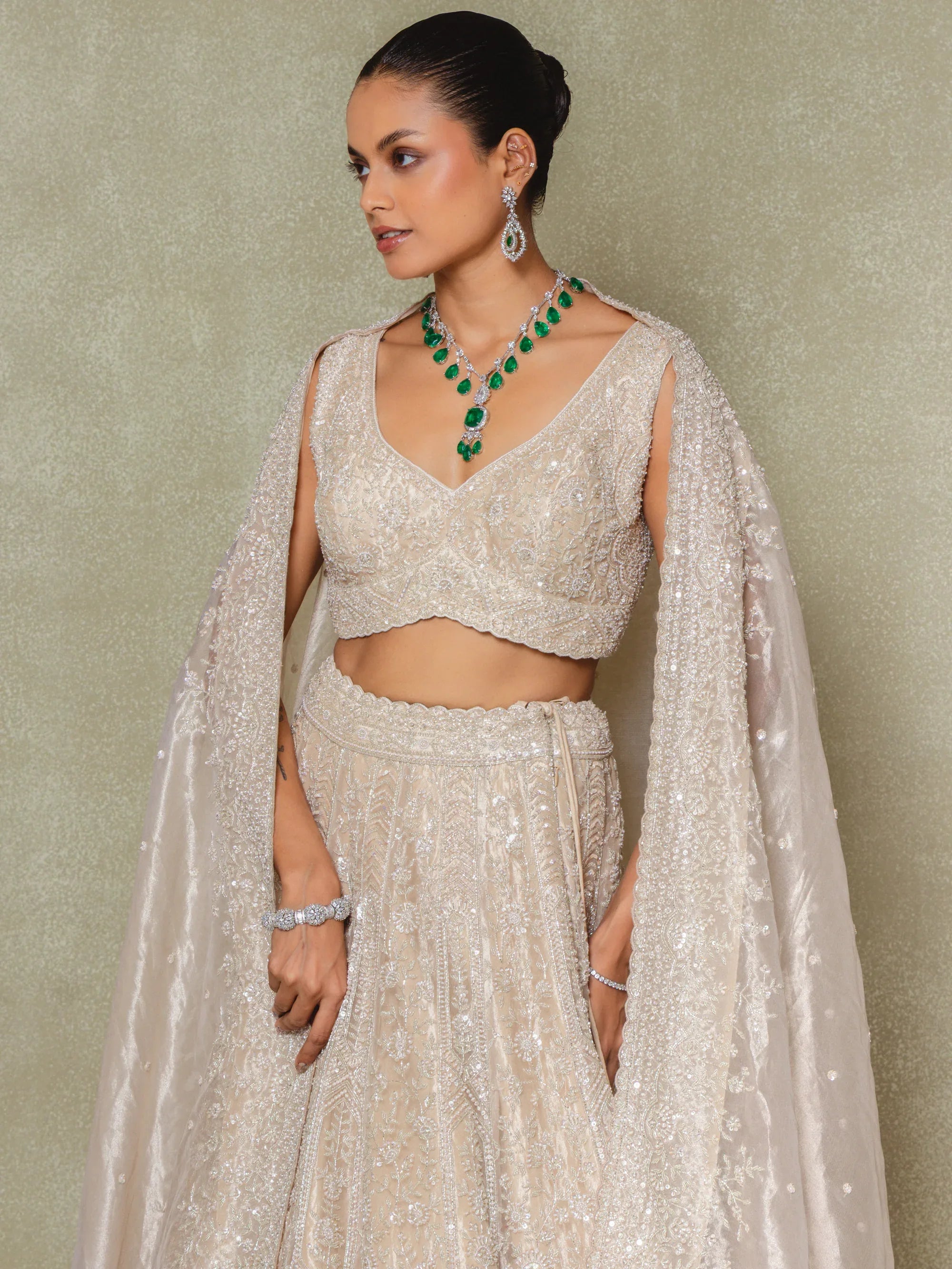 Champagne Tissue Sequins and Cutdana Embroidered Lehenga Set - Vedant G