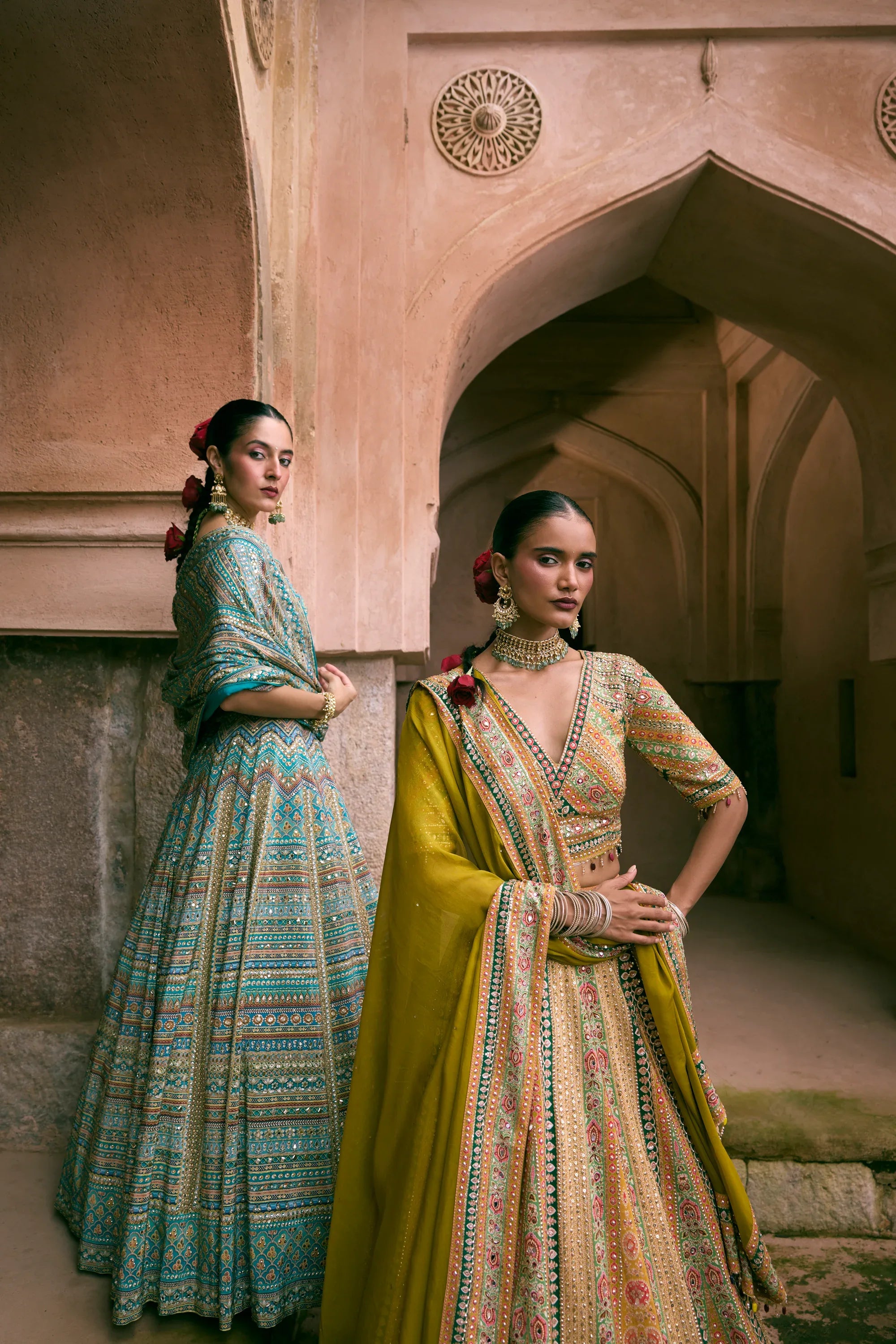 Green Crepe Sequins Embellished Lehenga Set - Vedant G