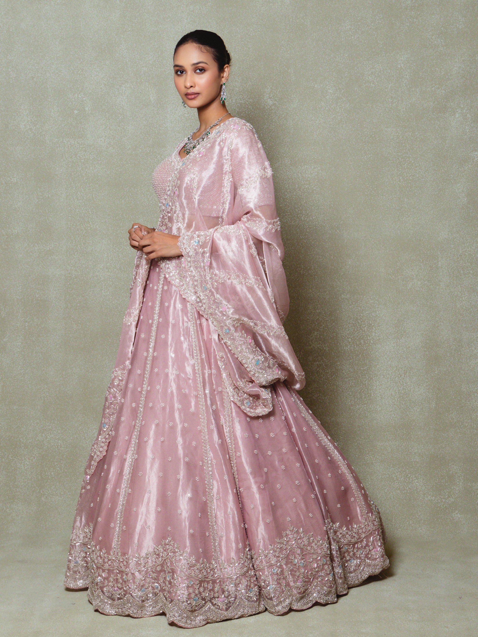 Pink Tissue Sequins Embroidered Lehenga Set