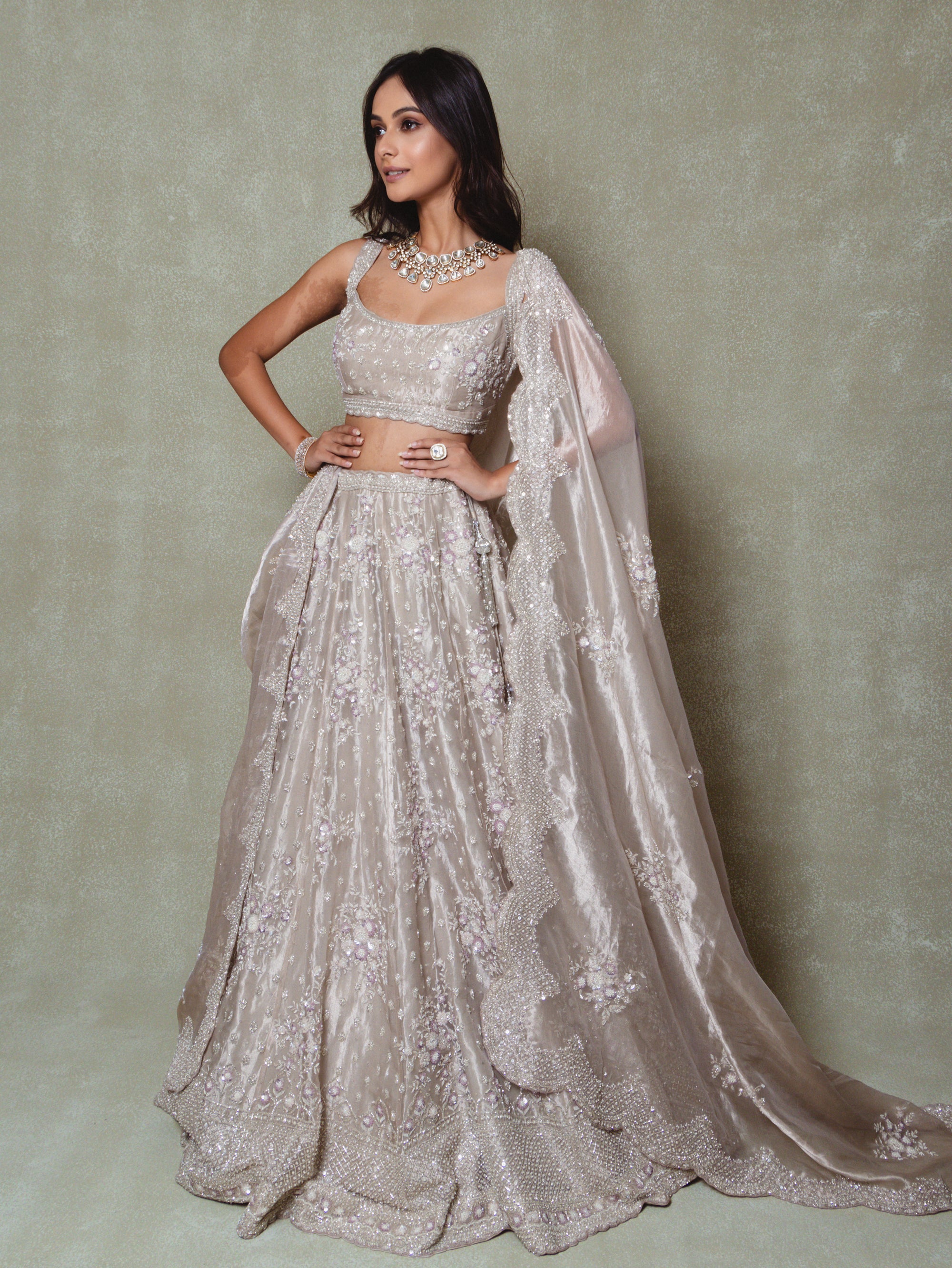 Grey Tissue Embroidered Lehenga