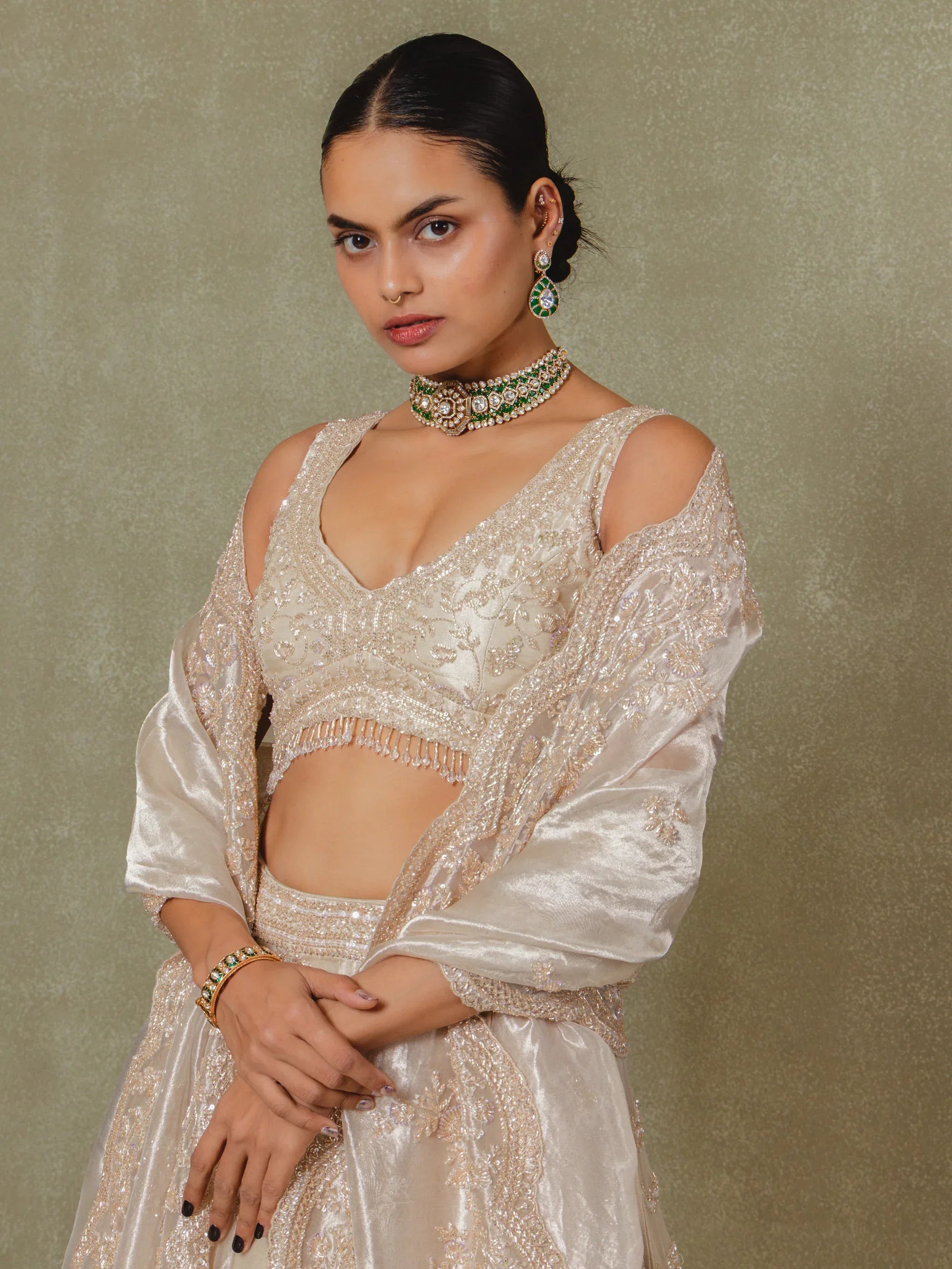 Champagne Tissue Pearls and Sequins Embroidered Lehenga Set - Vedant G