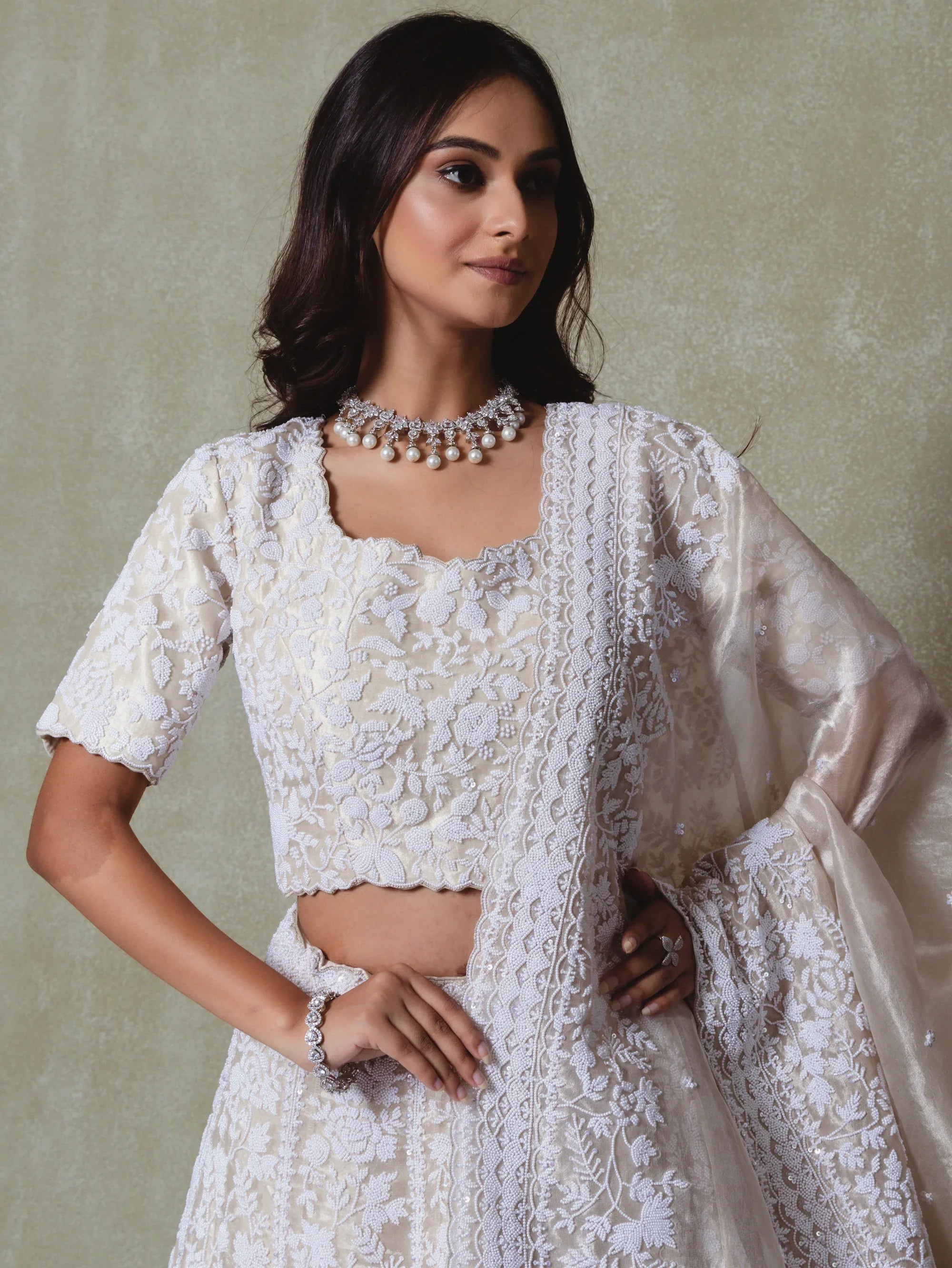 Champagne Tissue Pearls and Cutdana Embroidered Lehenga Set - Vedant G