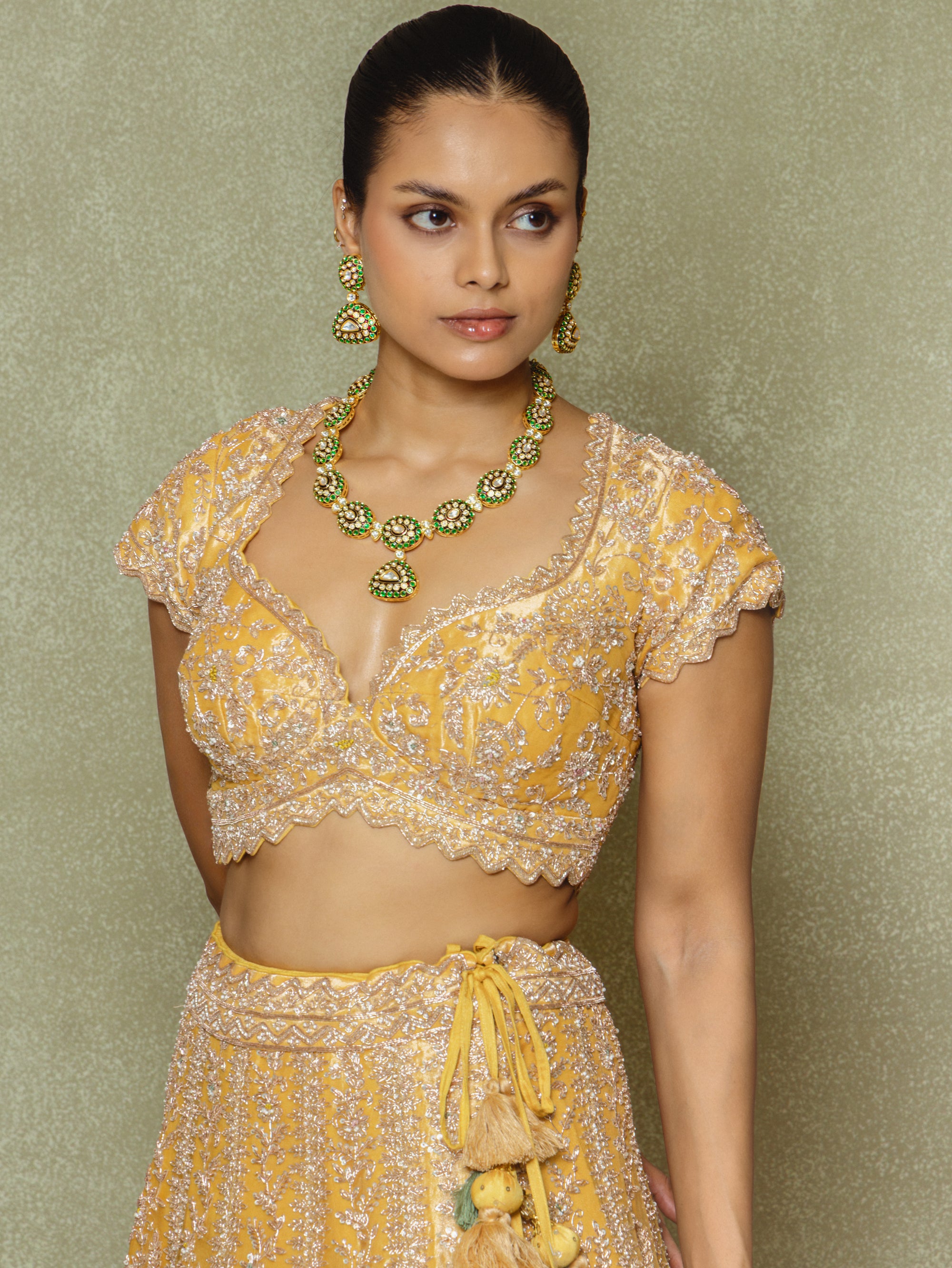 Yellow Tissue Embroidered Lehenga Set