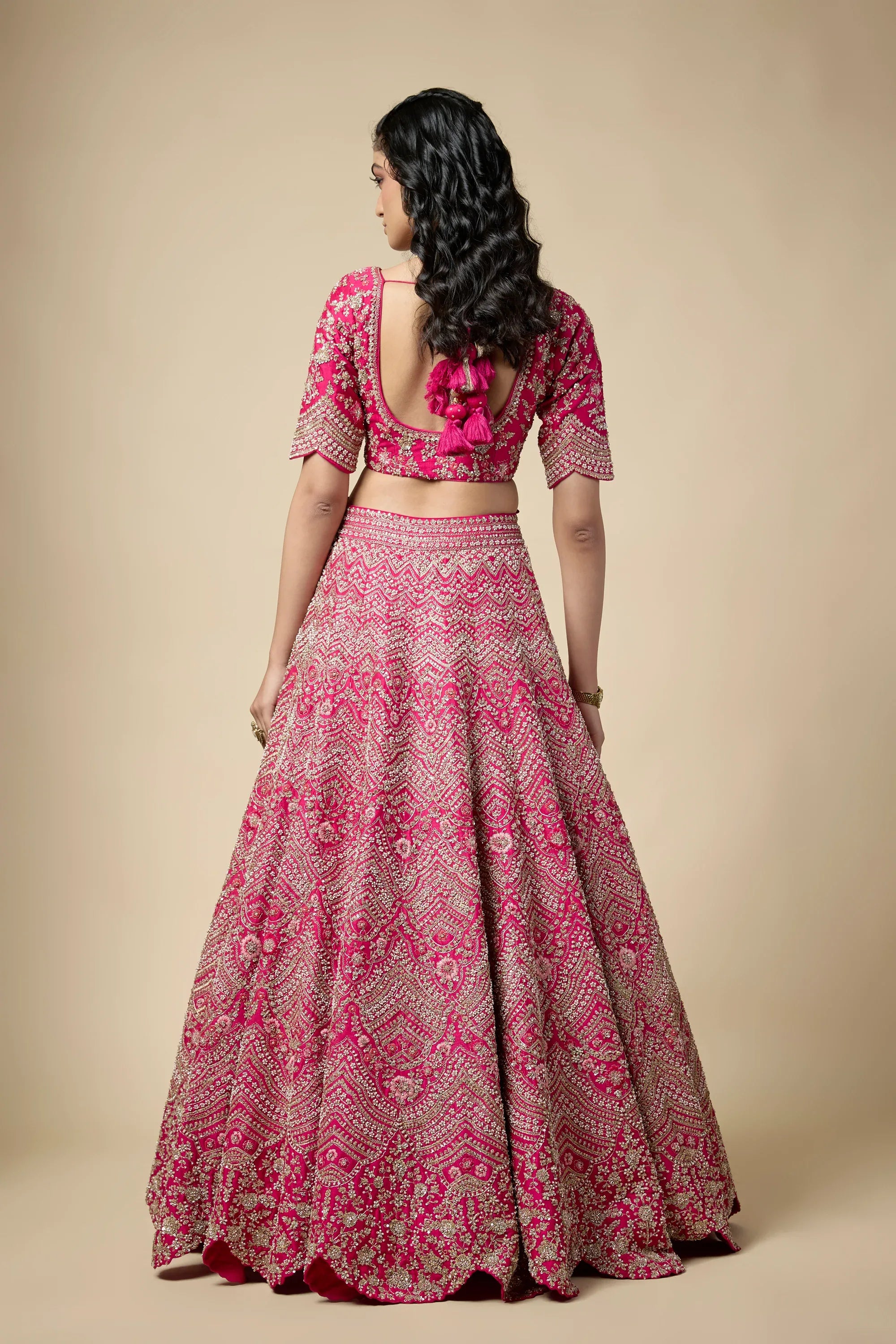 Fuschia Pink Silk Sequins Embroidered Lehenga Set - Vedant G