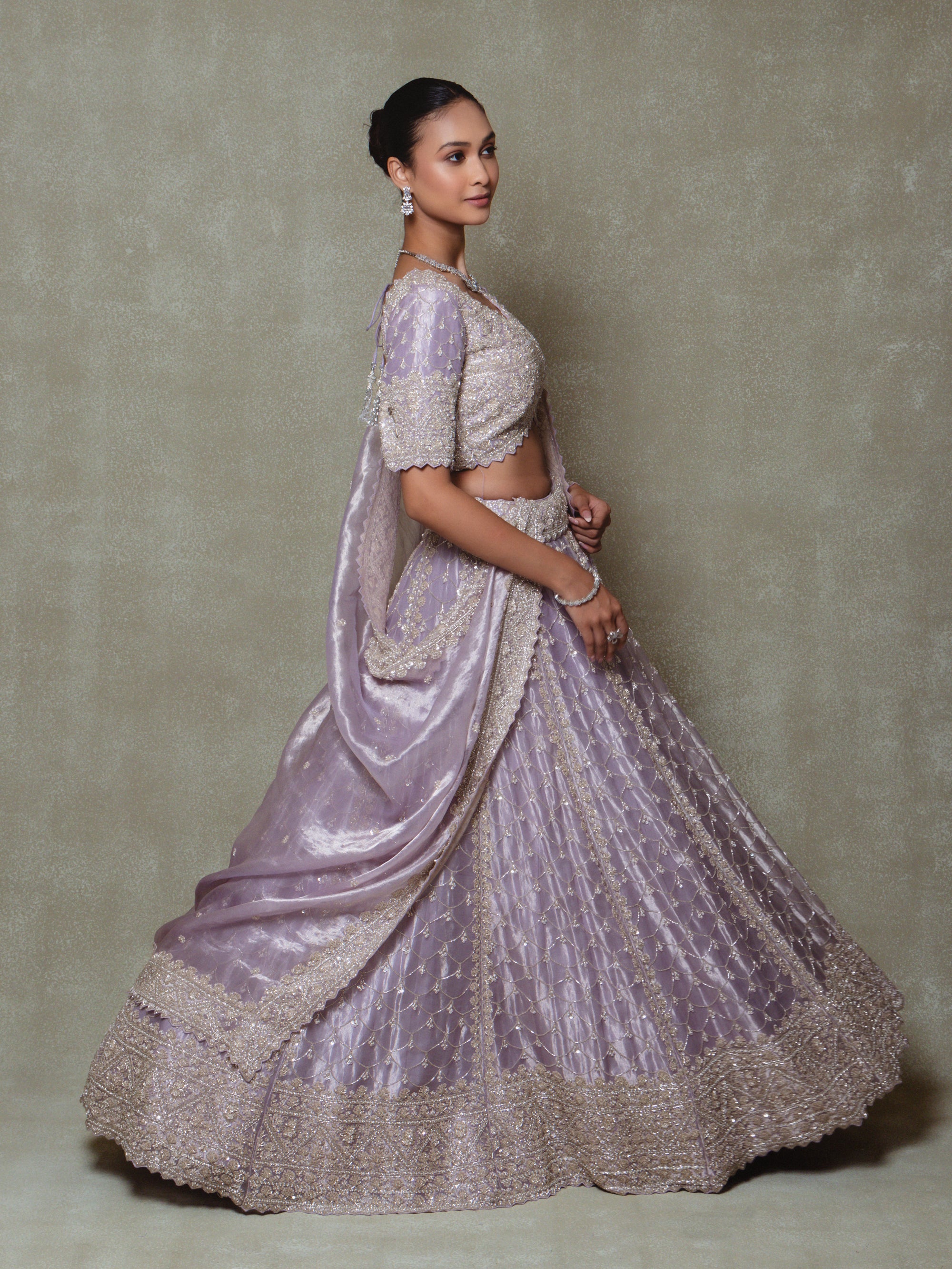 Lilac Tissue Embroidered Lehenga Set