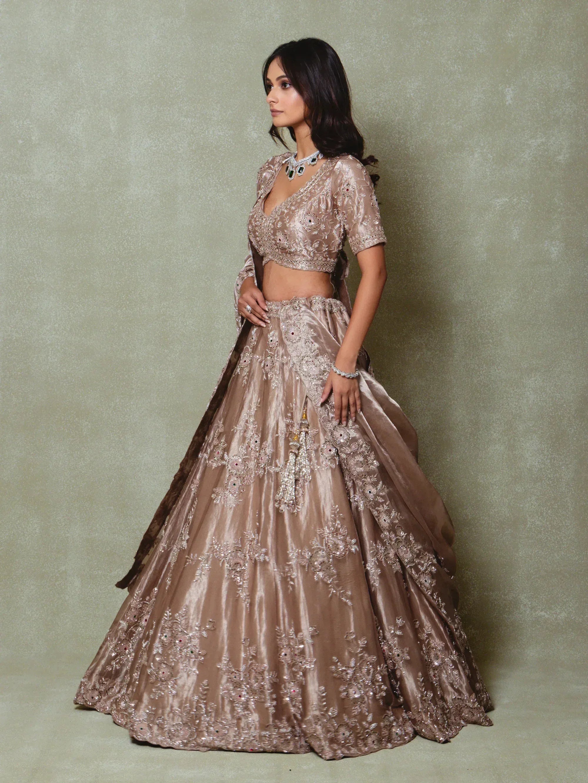 Brown and Silver Tissue Embroidered Lehenga Set - Vedant G