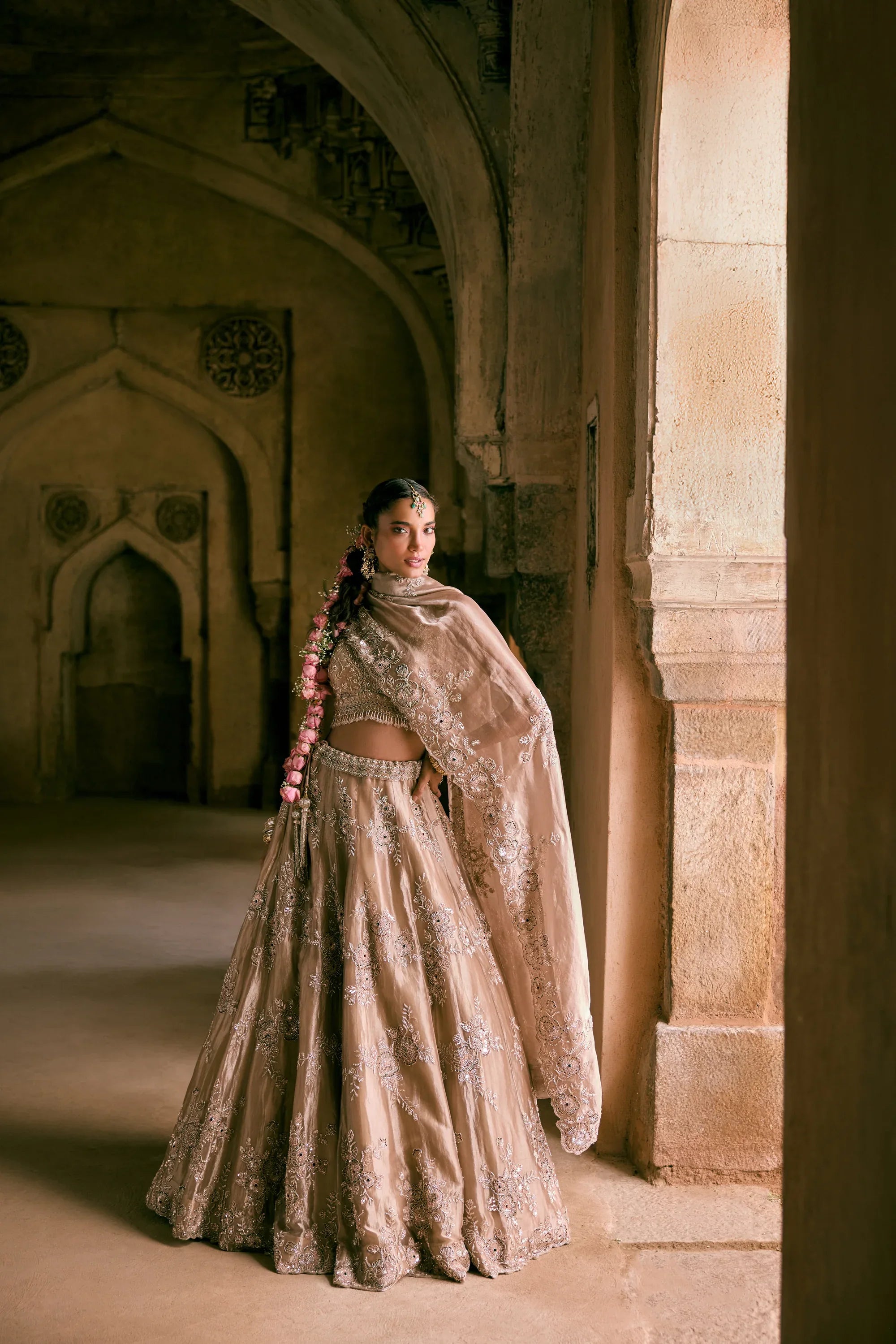 Brown Tissue Sequins Embroidered Lehenga Set - Vedant G