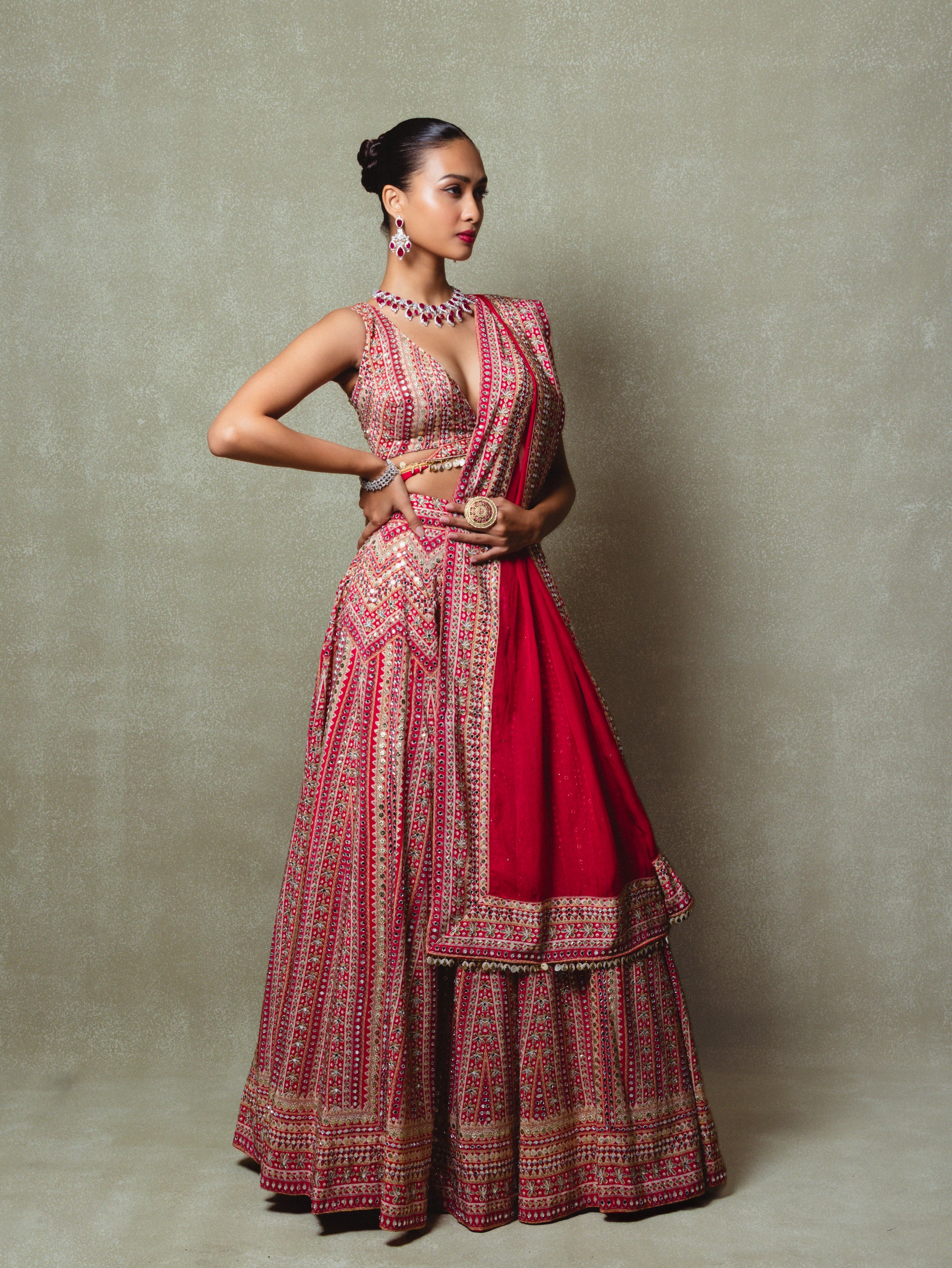 Red Crepe Silk Digital Printed Lehenga Set