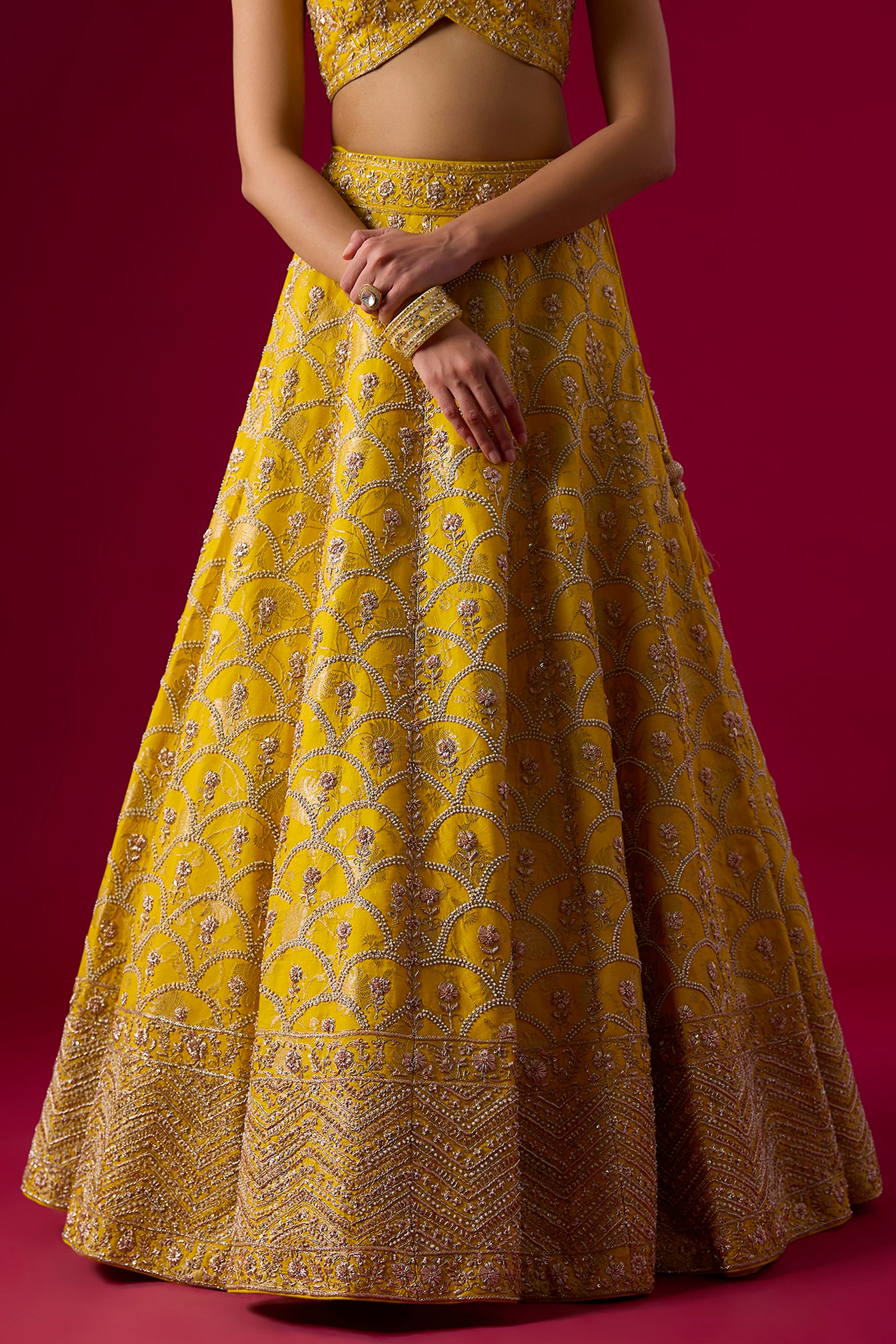 Yellow Brocade Sequins Embroidered Lehenga Set