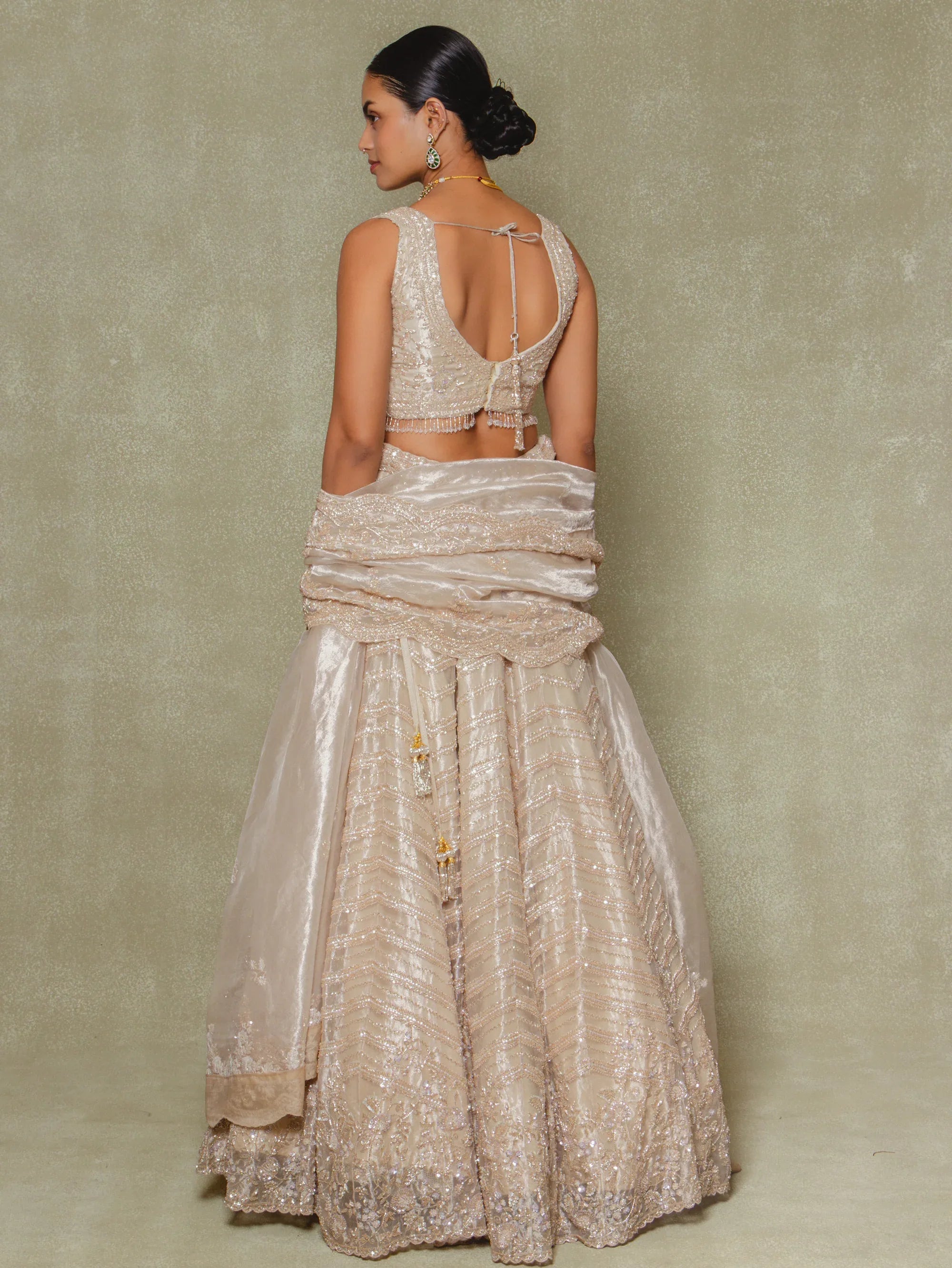 Champagne Tissue Pearls and Sequins Embroidered Lehenga Set - Vedant G