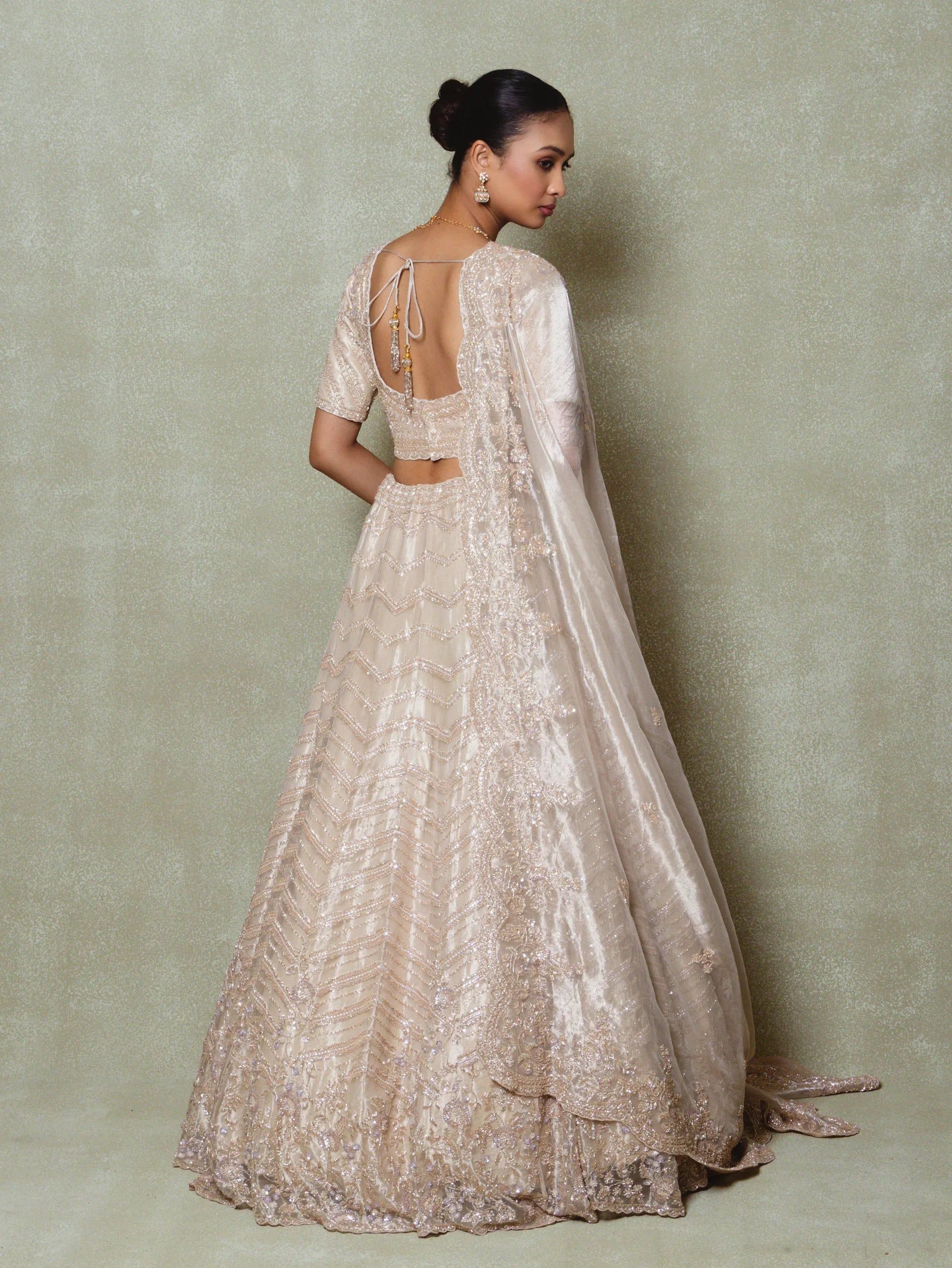 Champagne Tissue Cutdana Embroidered Lehenga Set - Vedant G