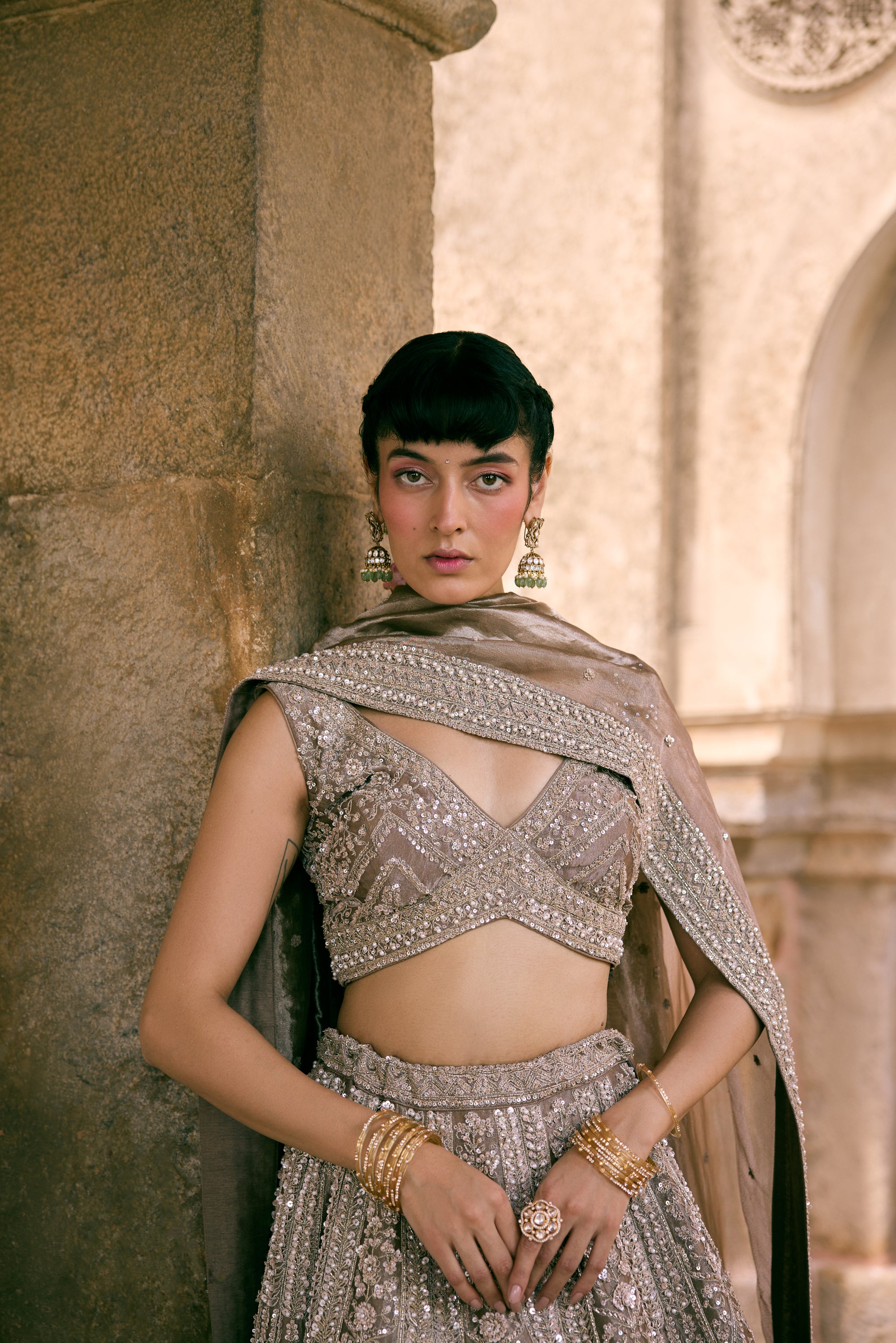 Grey Tissue Sequins Embroidered Lehenga Set