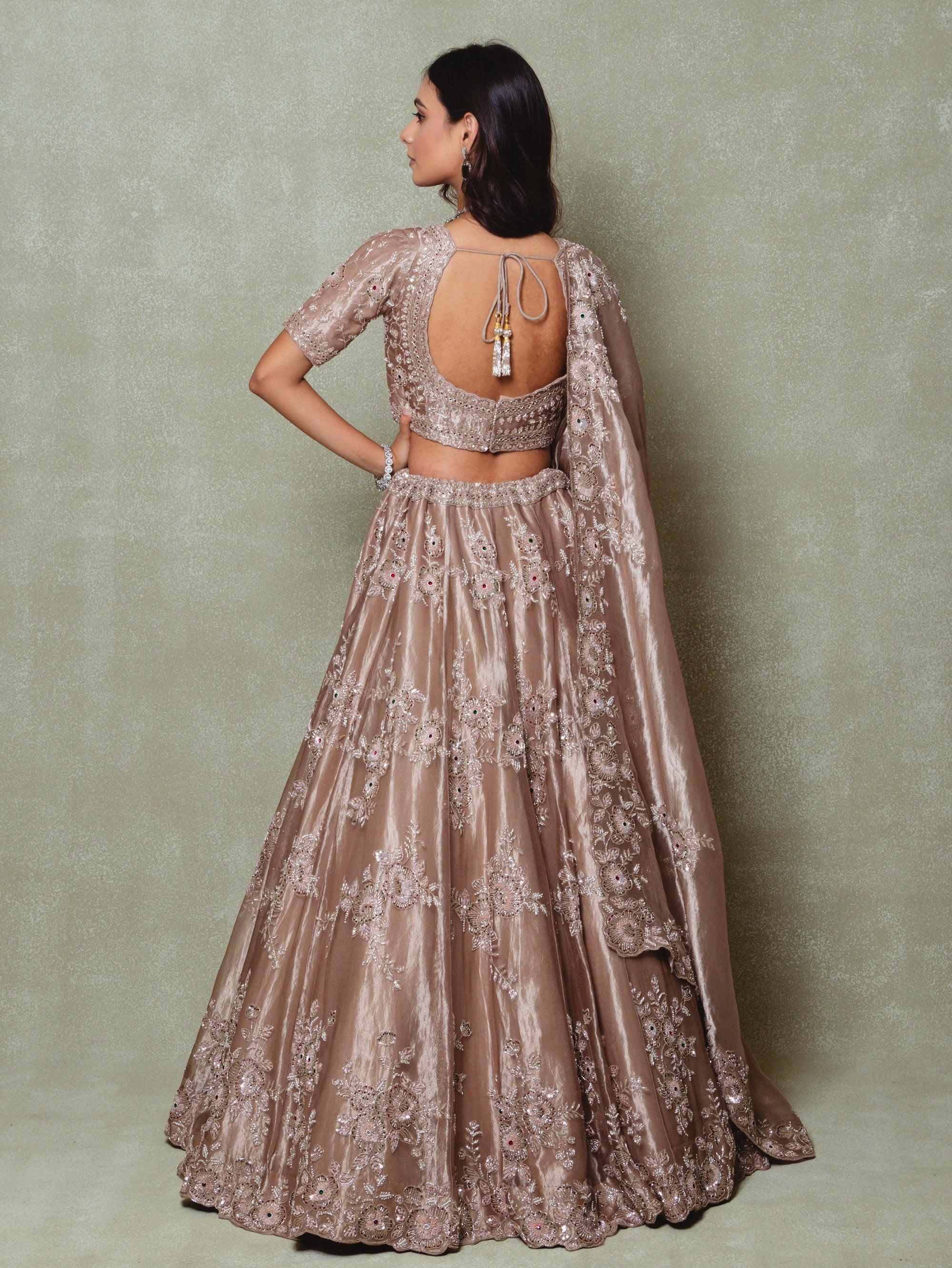 Brown and Silver Tissue Embroidered Lehenga Set - Vedant G