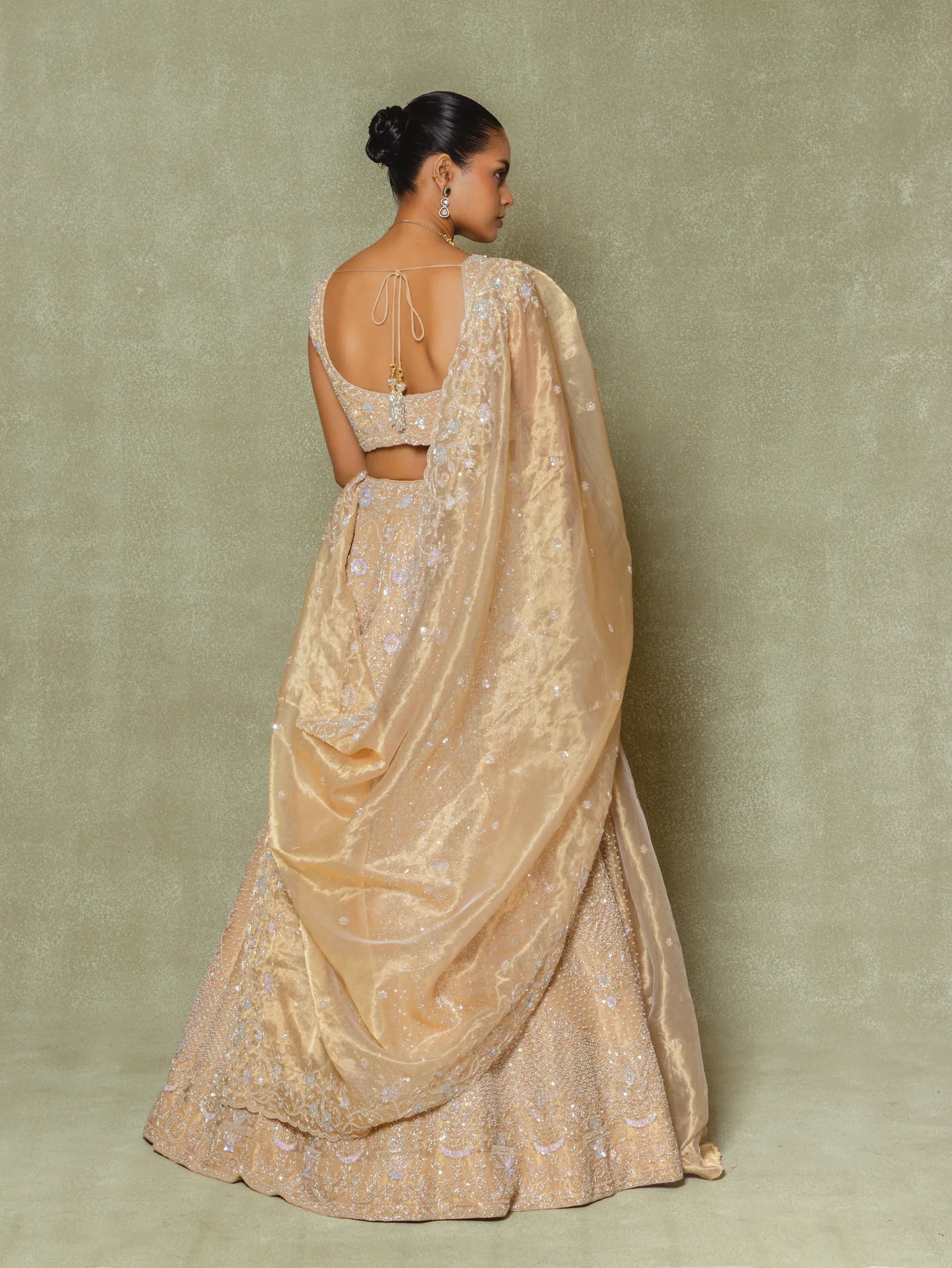 Gold Tissue Sequins Embroidered Lehenga Set - Vedant G