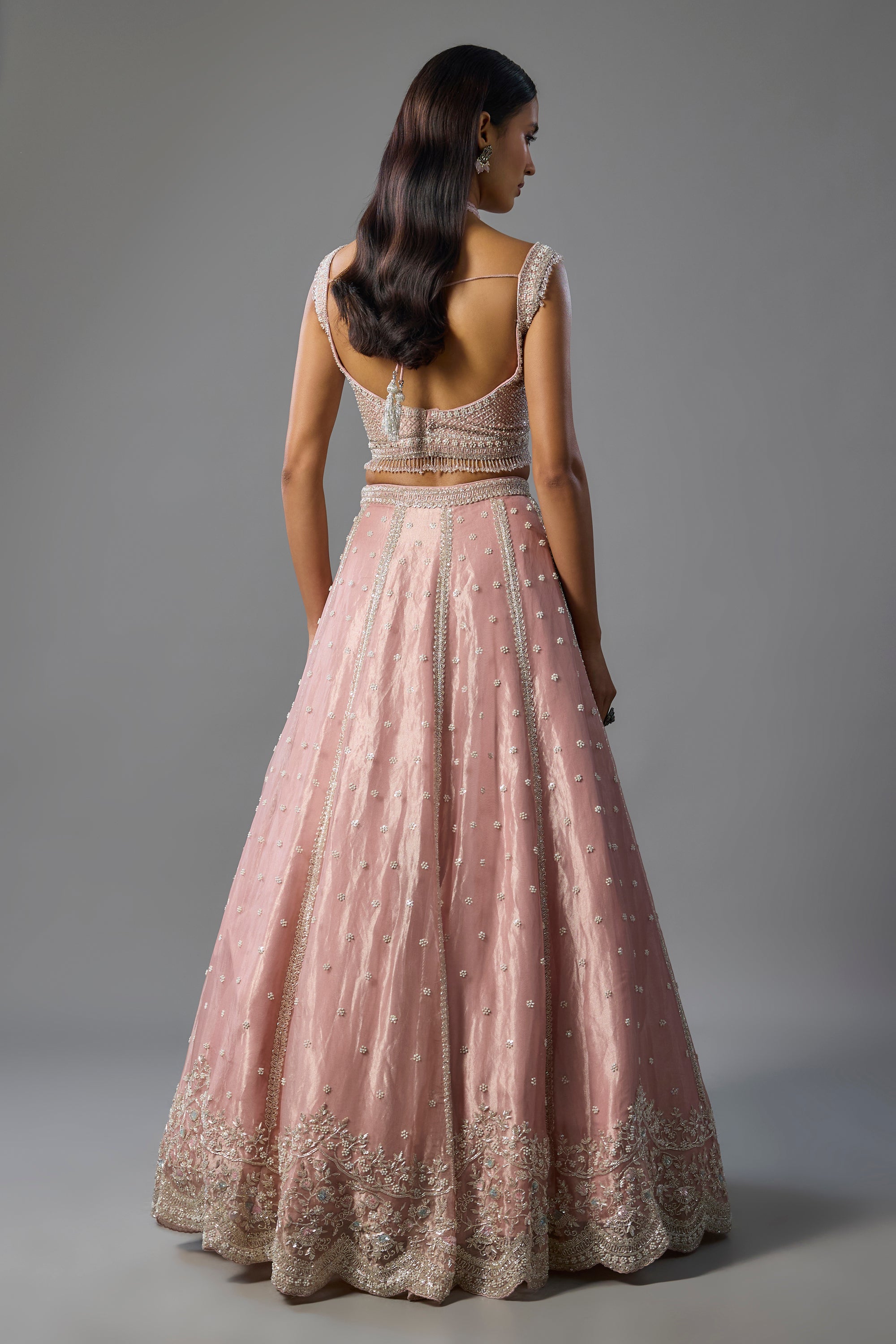 Rose Pink Tissue Sequins Embroidered Lehenga Set