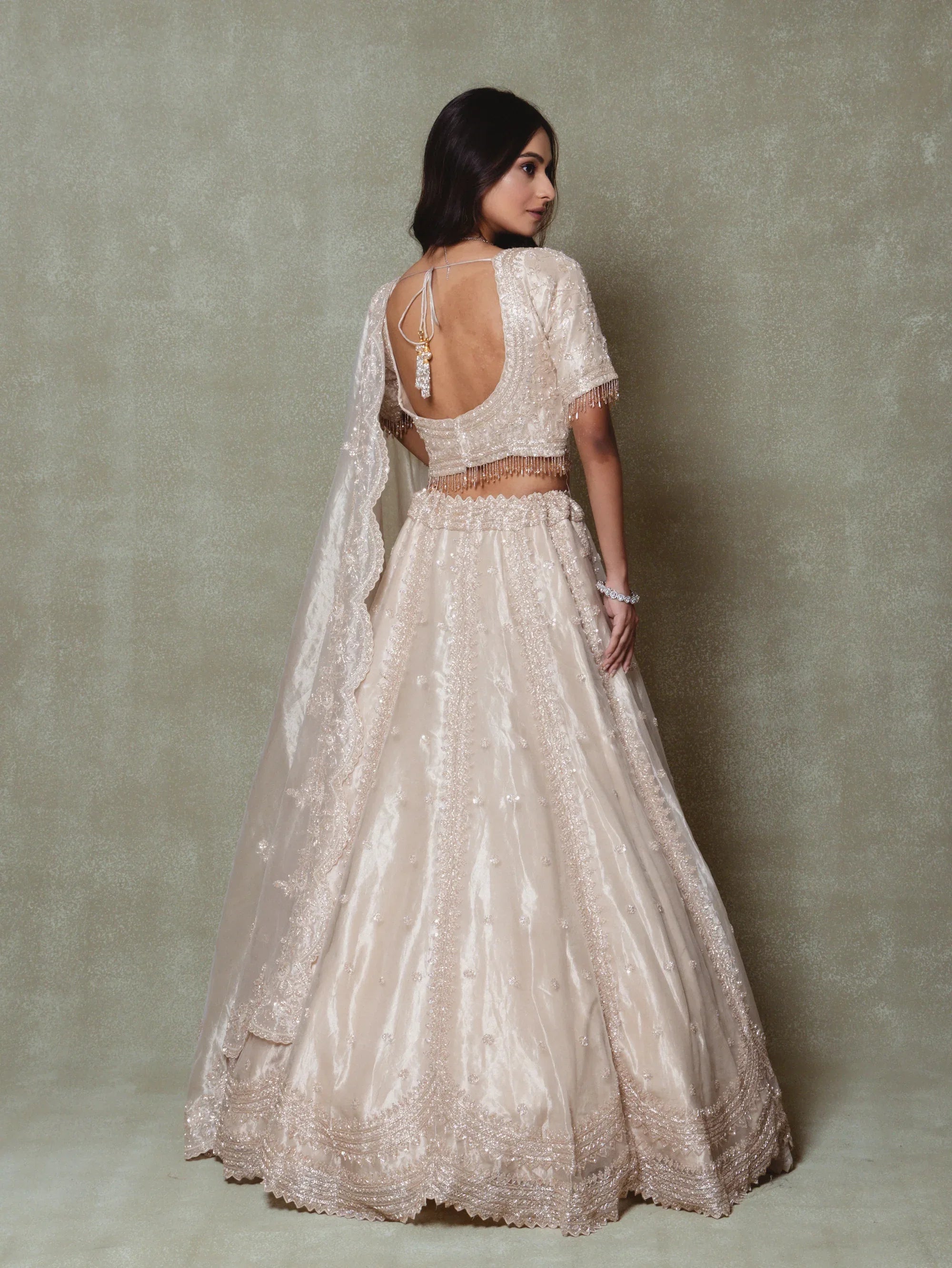 Champagne Tissue Pearls Embroidered Lehenga Set - Vedant G