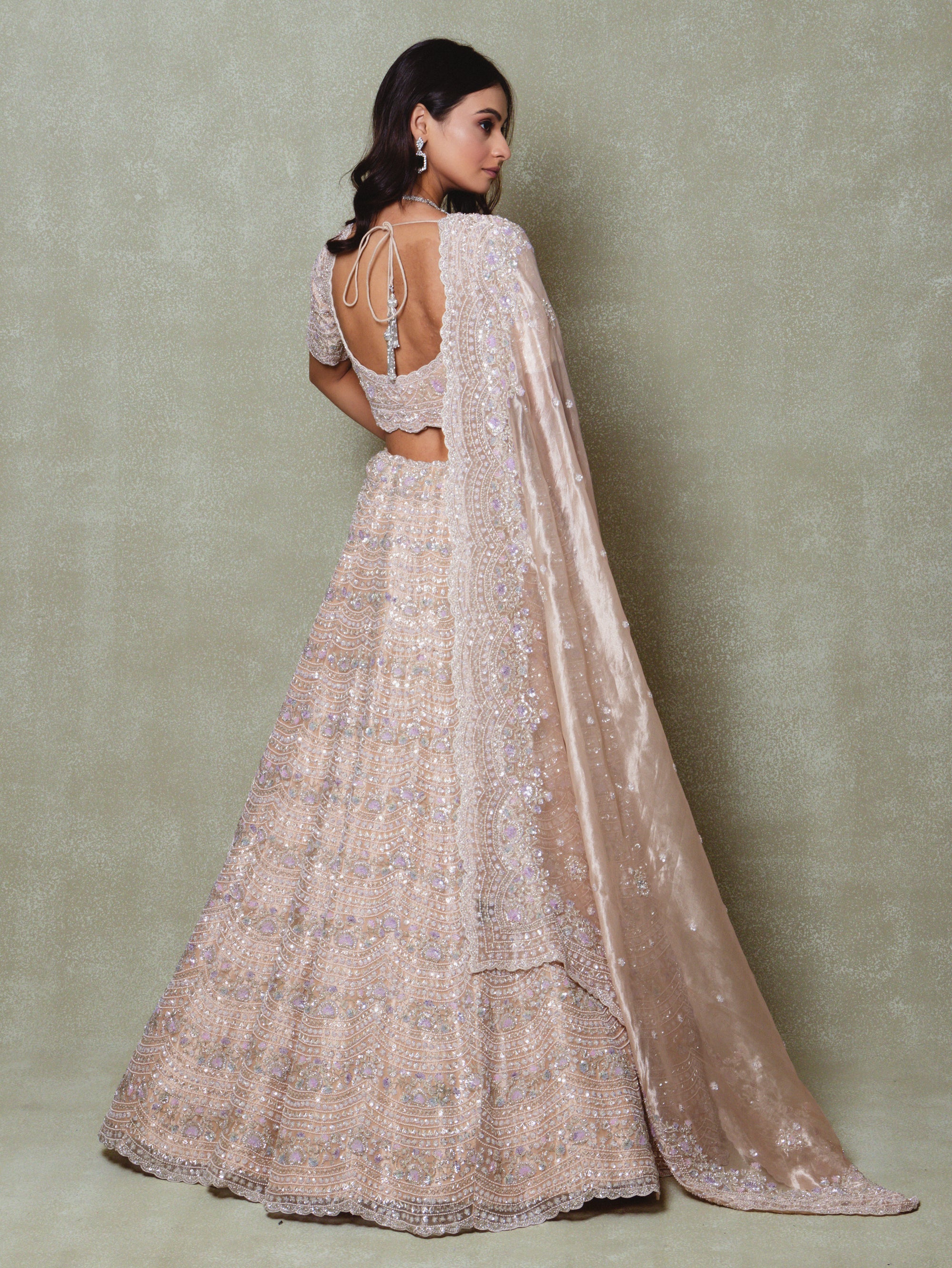 Peach Tissue Embroidered Lehenga Set
