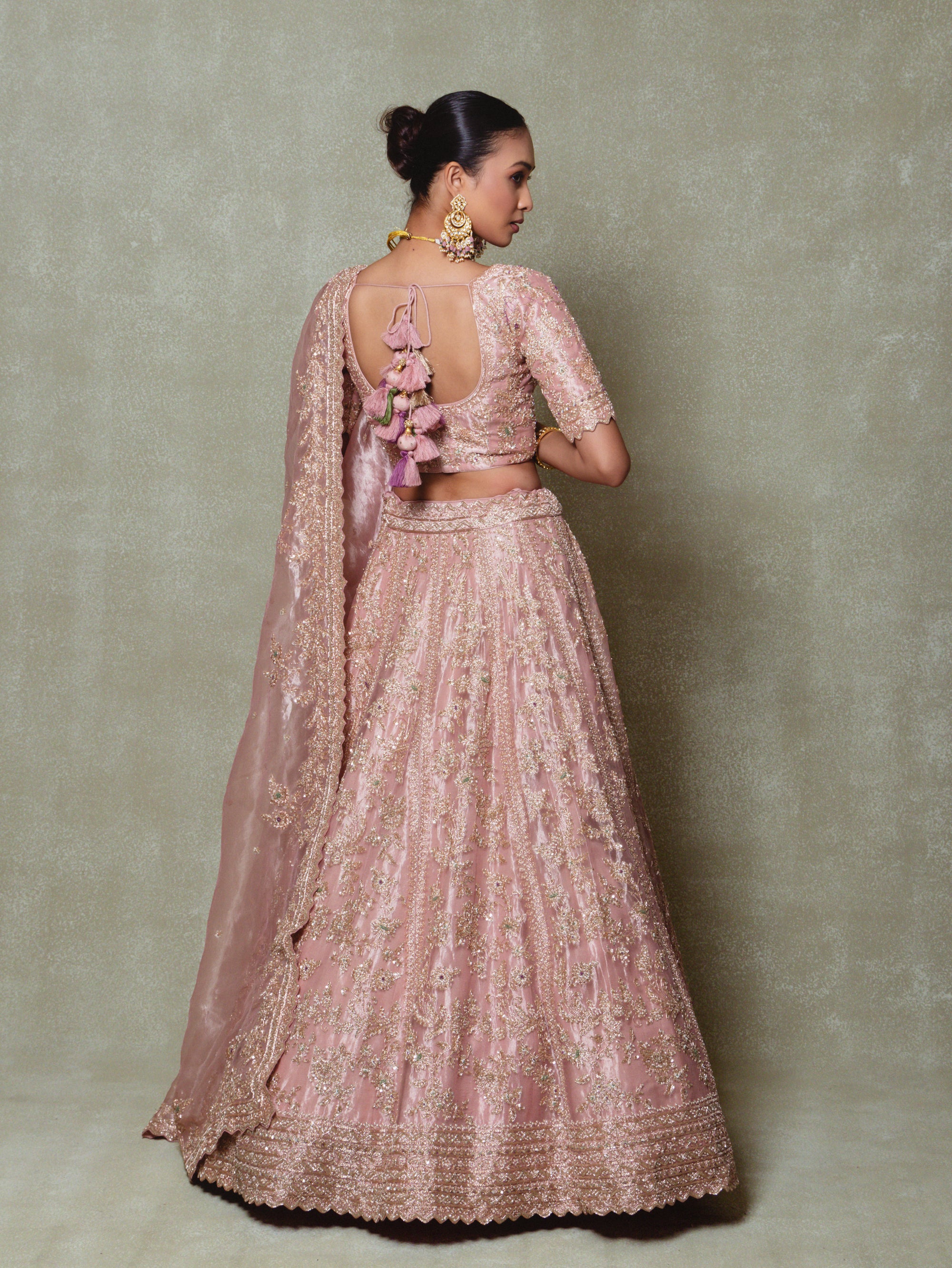 Rose Pink Tissue Embroidered Lehenga Set