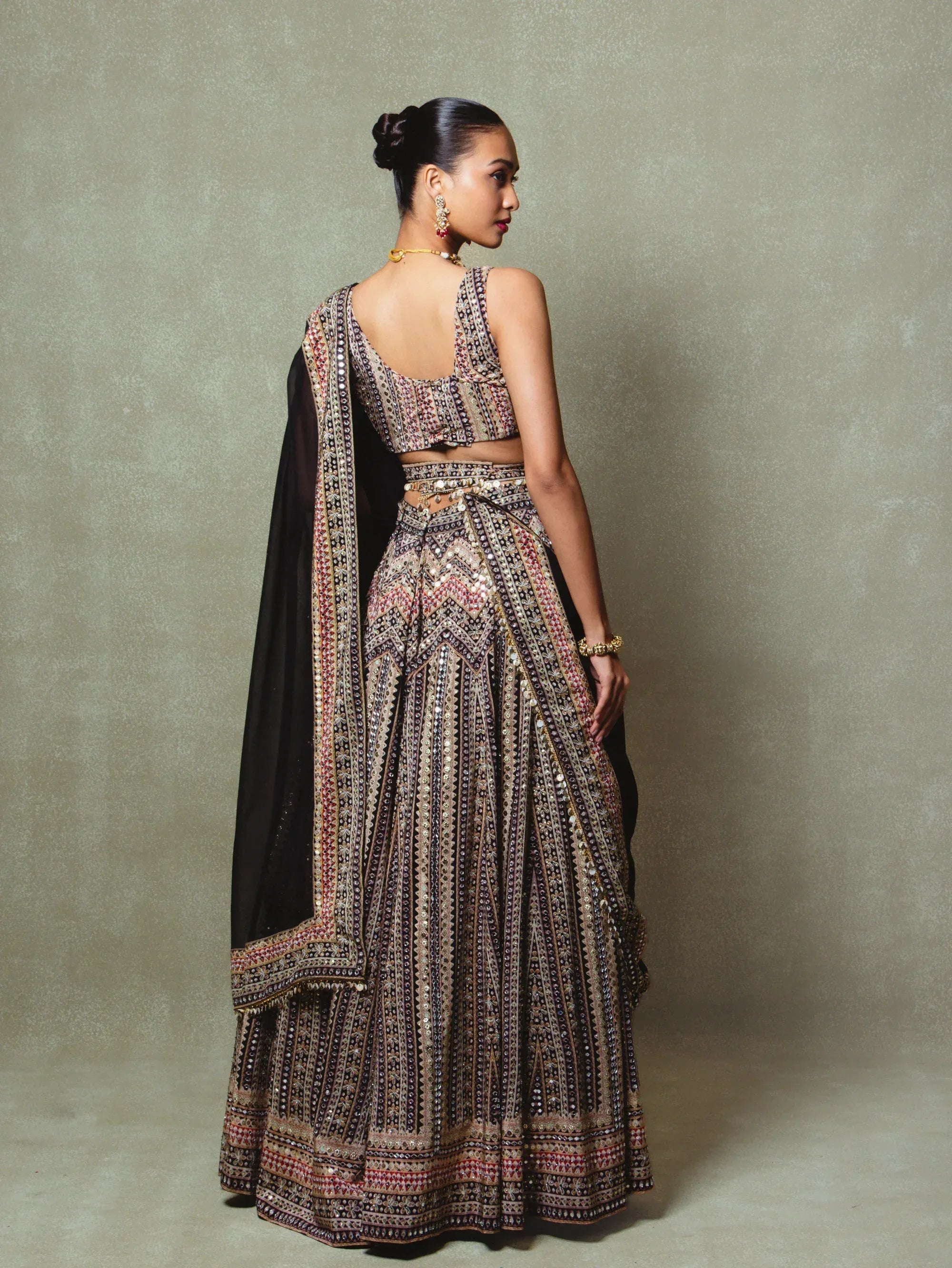 Black Crepe Silk Digital Printed Lehenga Set - Vedant G