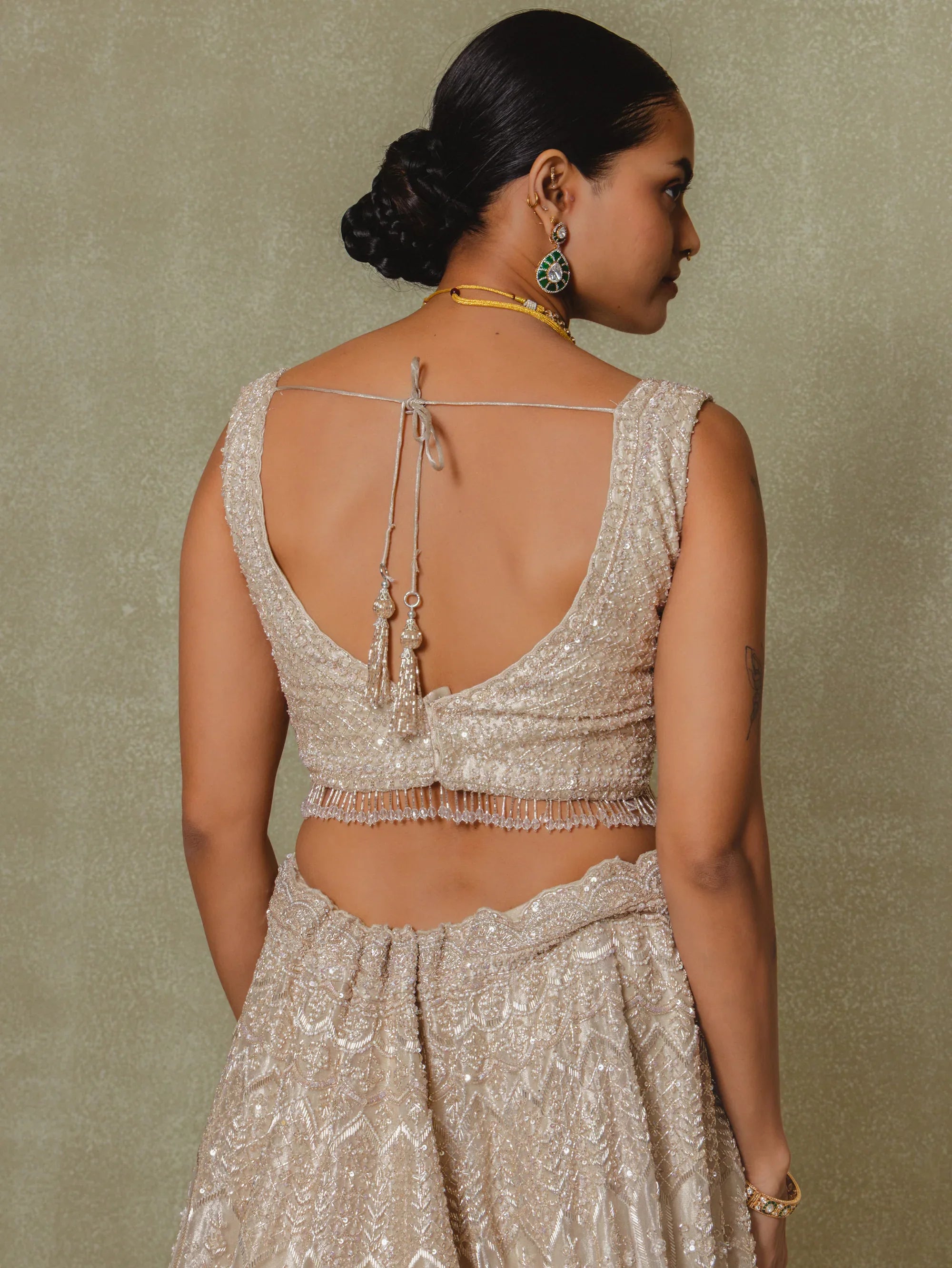 Champagne Tissue Cutdana and Sequins Embroidered Lehenga Set - Vedant G