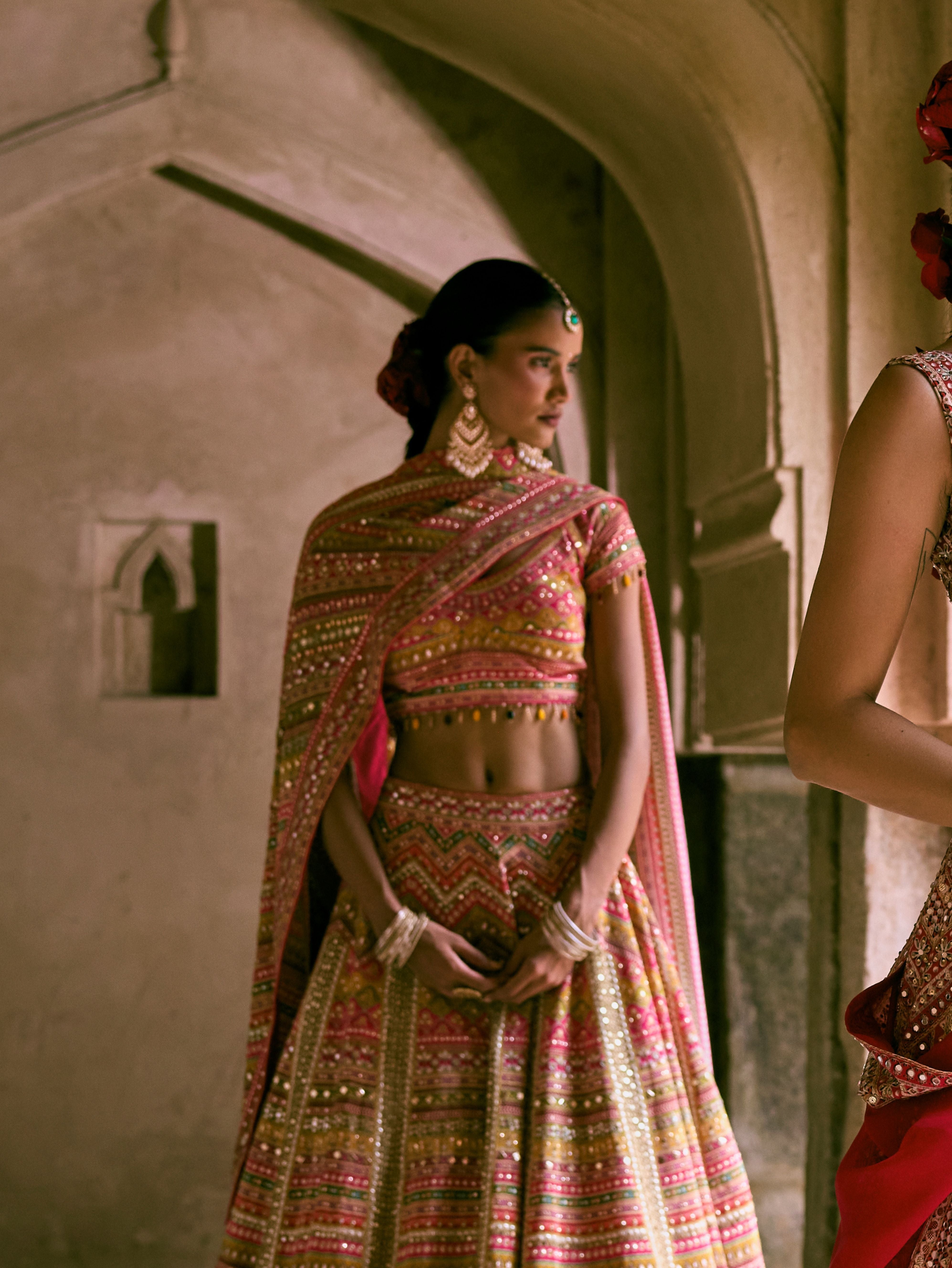 Pink Crepe Metallic Sequins Embellished Lehenga Set