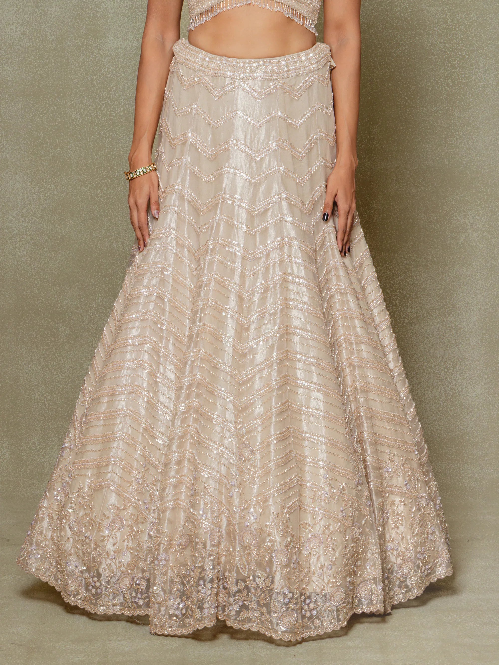 Champagne Tissue Pearls and Sequins Embroidered Lehenga Set - Vedant G
