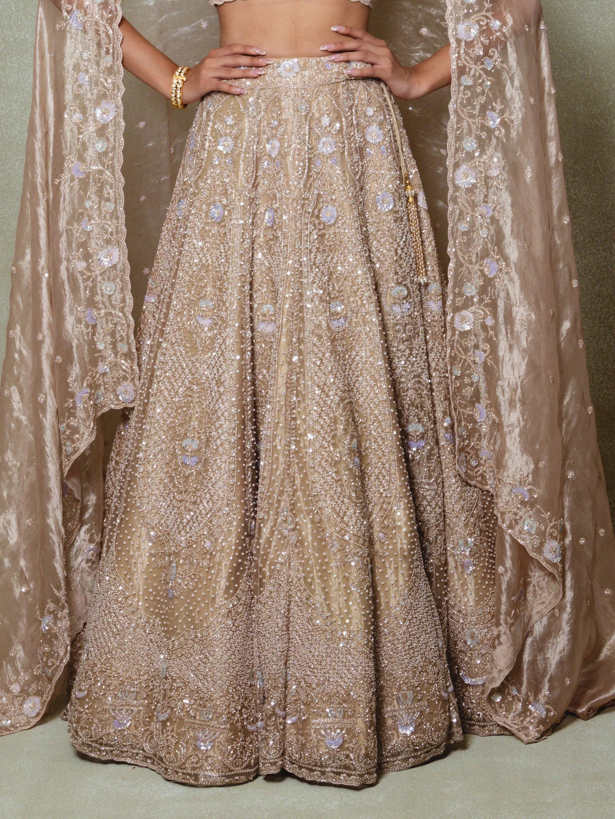 Brown Tissue Embroidered Lehenga Set - Vedant G