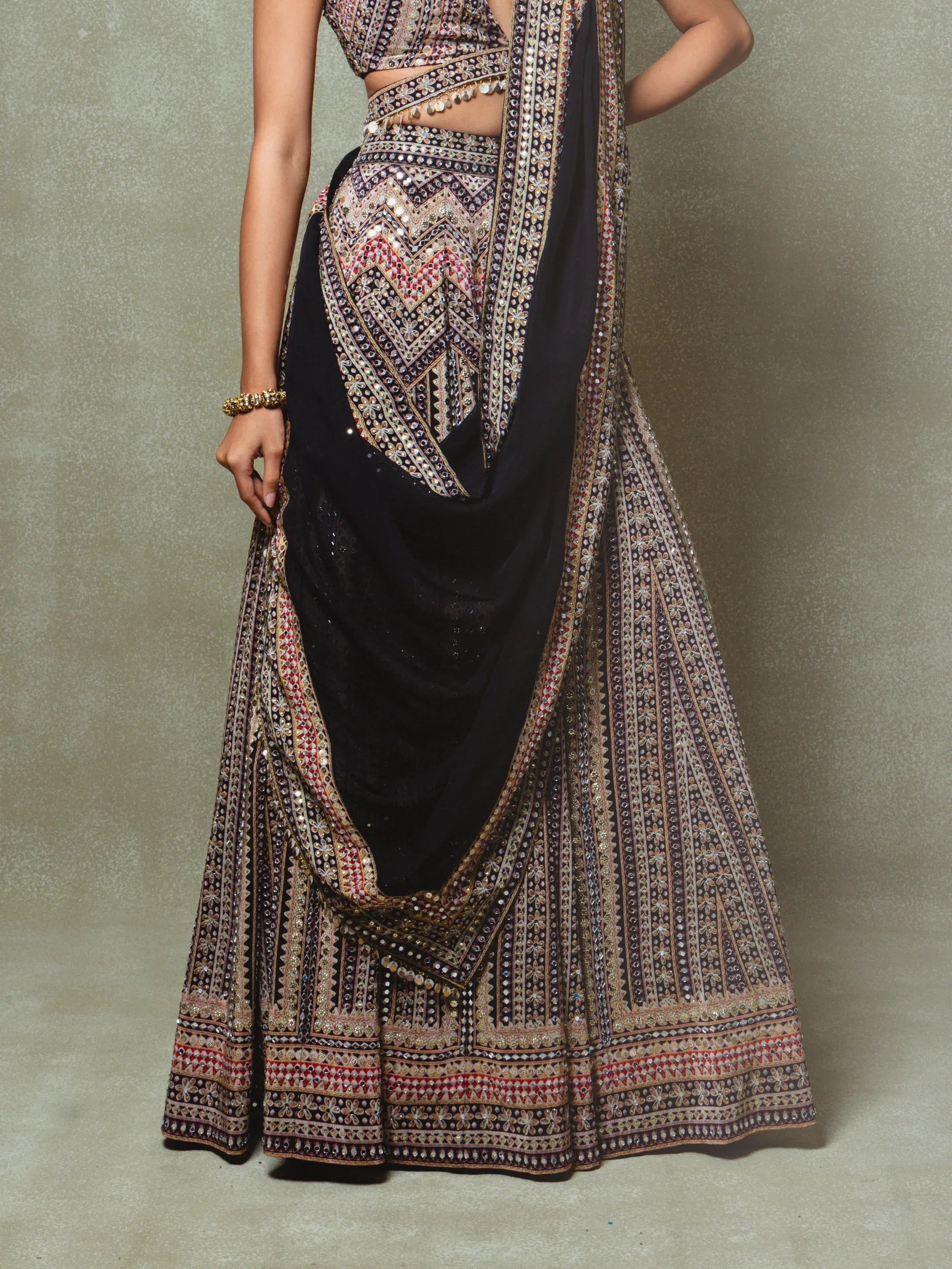 Black Crepe Silk Digital Printed Lehenga Set - Vedant G