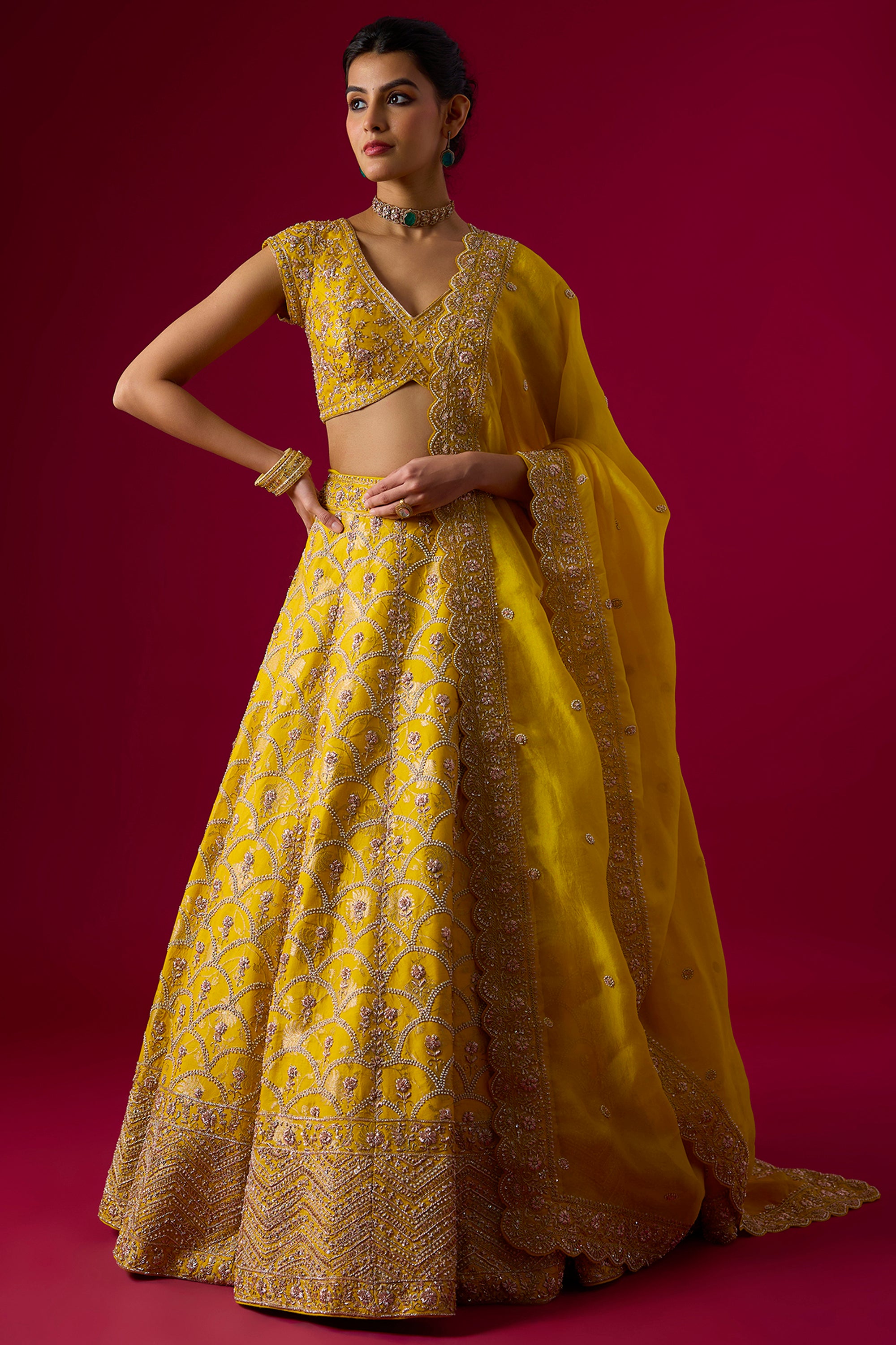Yellow Brocade Sequins Embroidered Lehenga Set