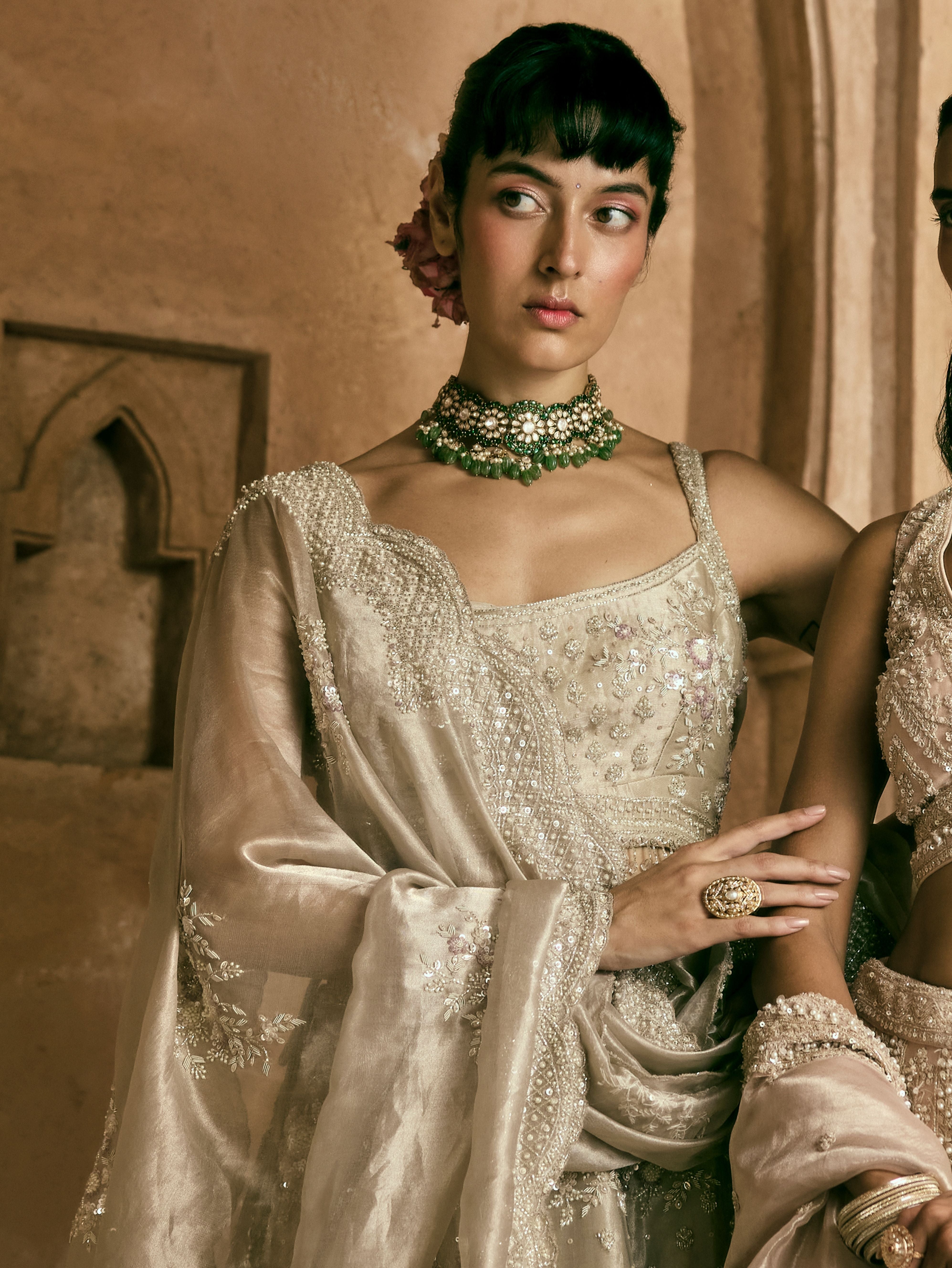 Grey Tissue Embroidered Lehenga