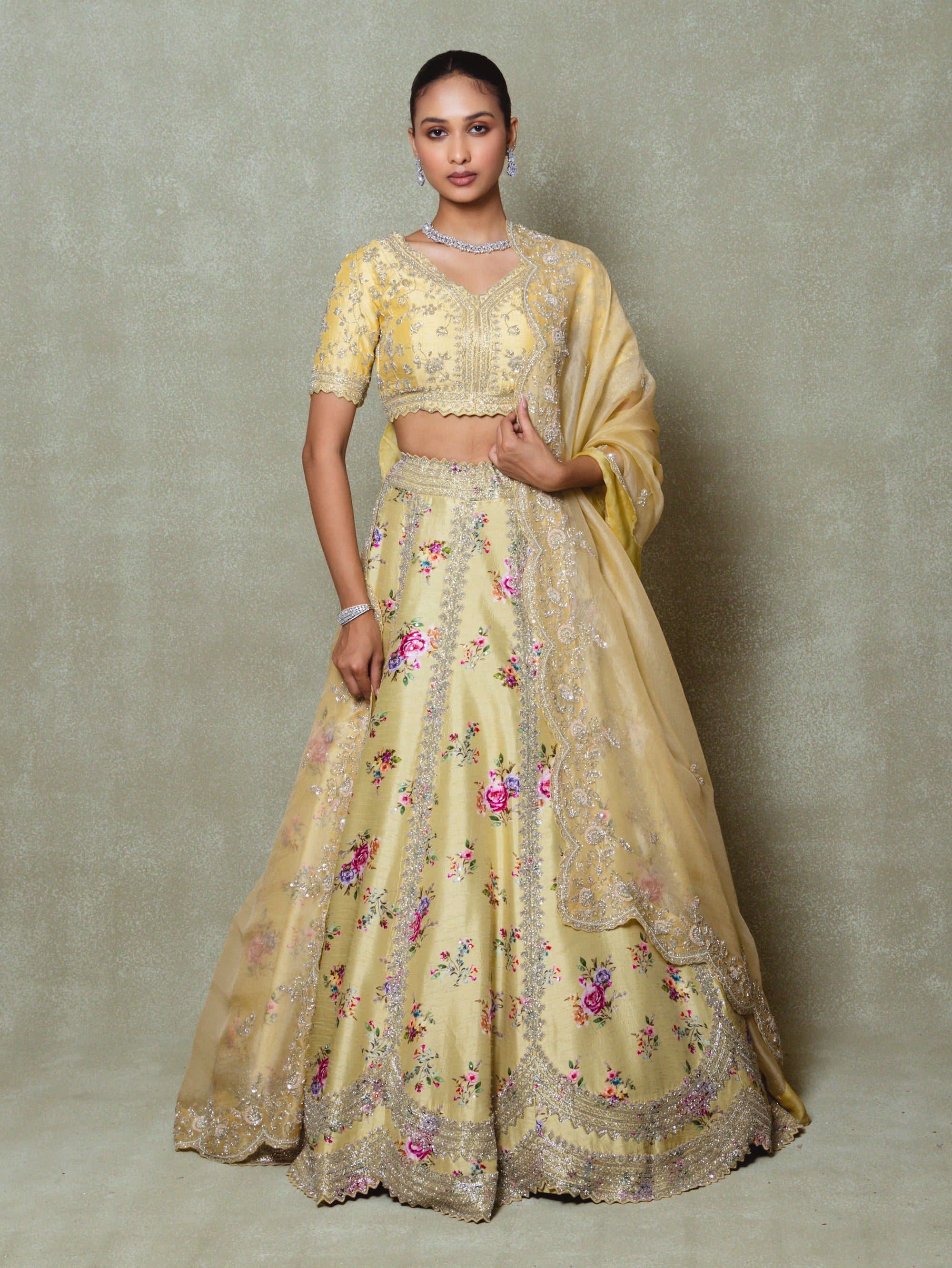 Yellow Silk Embroidered Lehenga Set