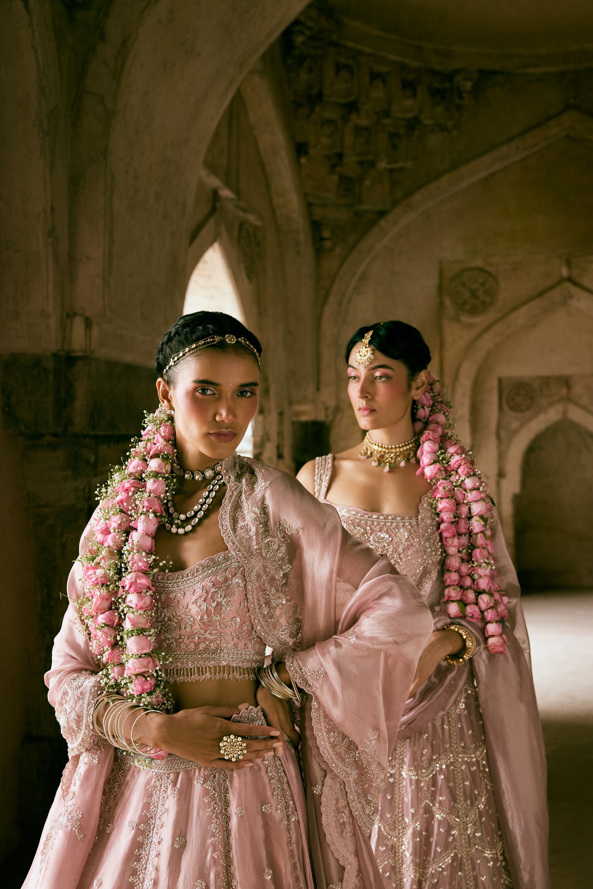 Pink Tissue Embroidered Lehenga Set