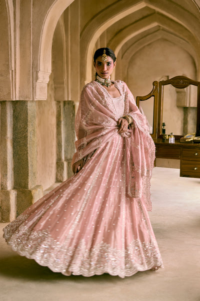 Rose Pink Tissue Sequins Embroidered Lehenga Set
