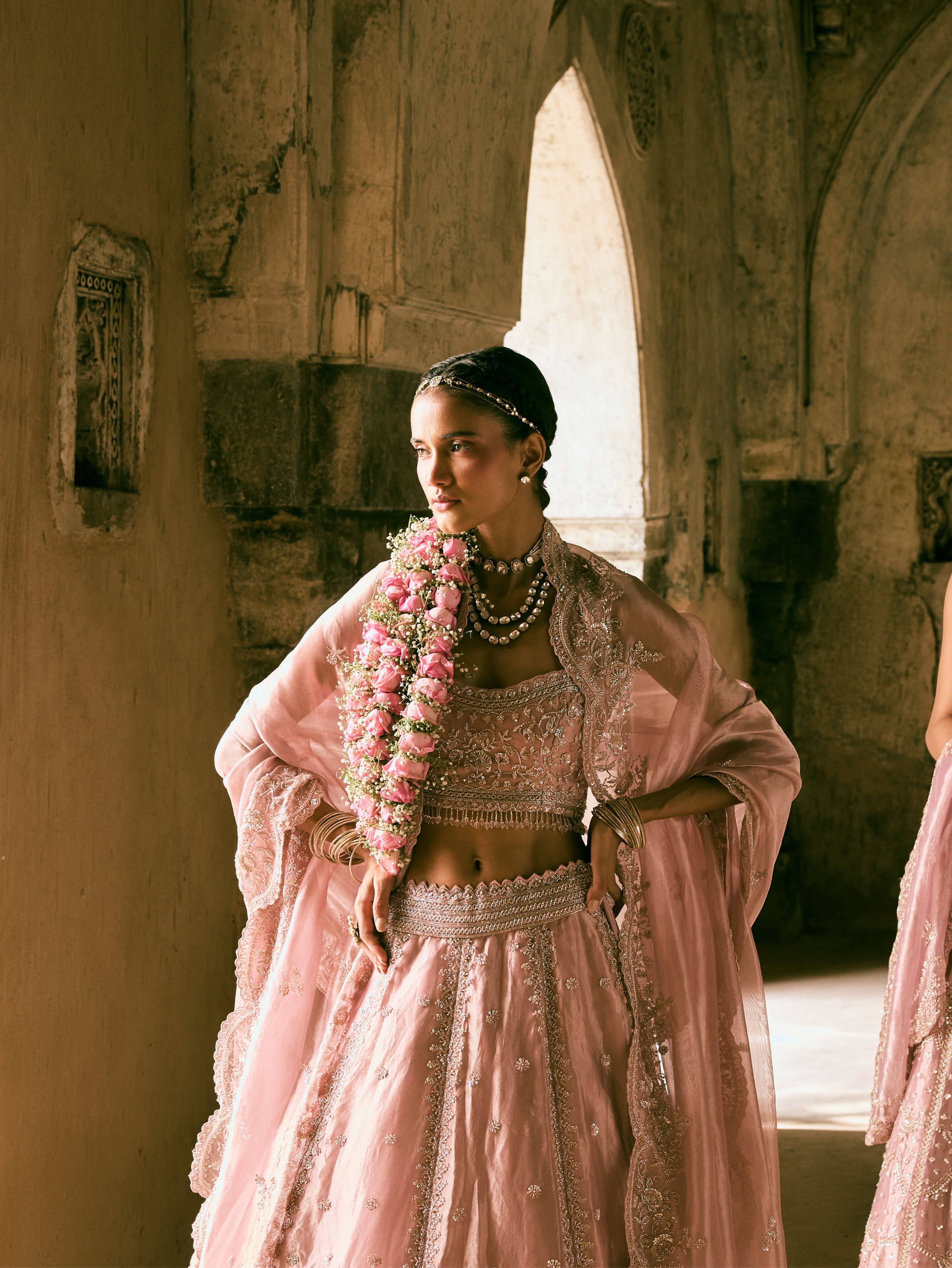 Pink Tissue Embroidered Lehenga Set