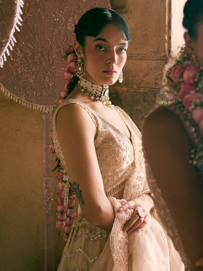 Champagne Tissue Pearls and Sequins Embroidered Lehenga Set - Vedant G
