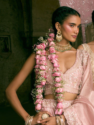 Rose Pink Tissue Sequins and Pearl Embroidered Lehenga Set