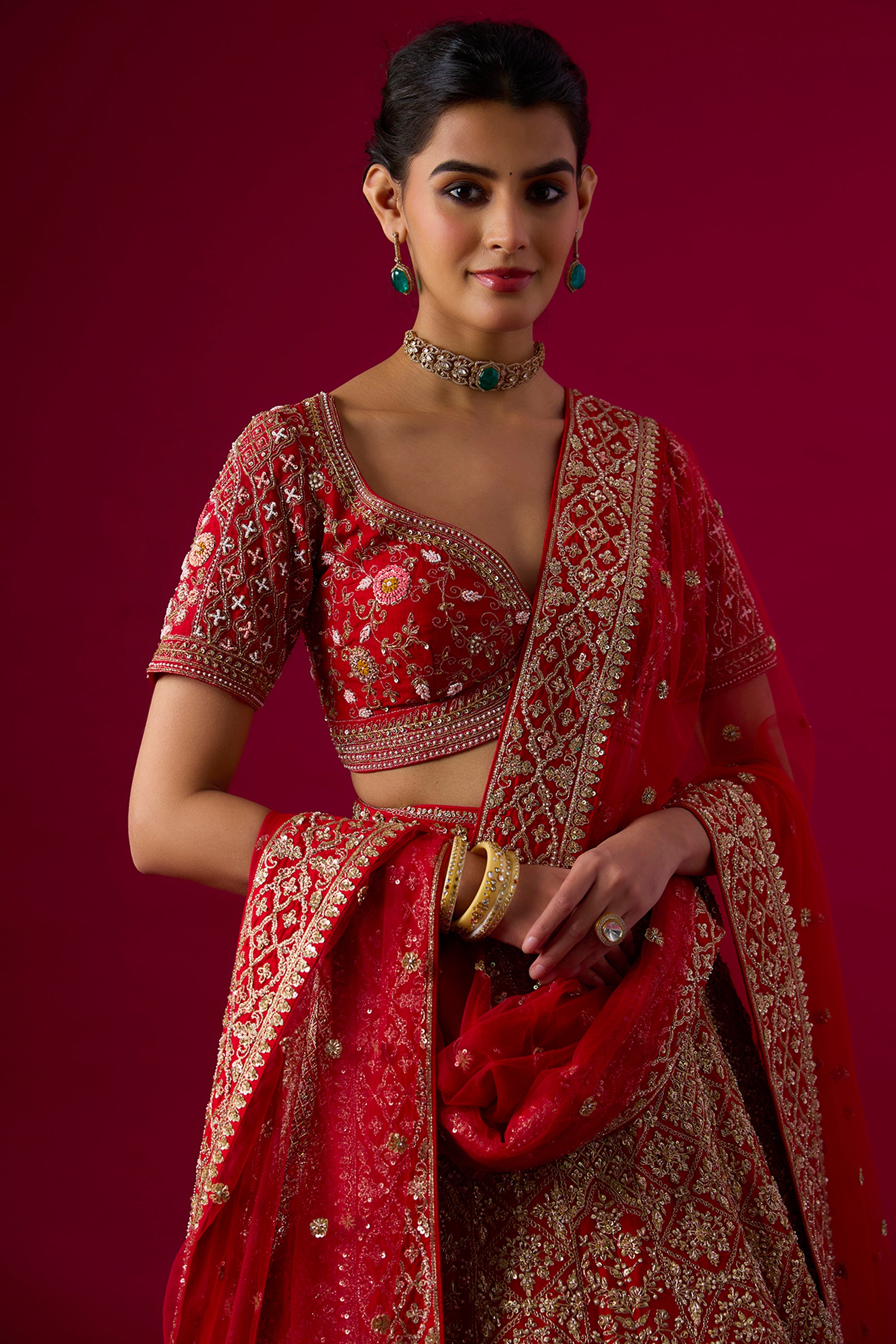 Red Silk Sequins Embroidered Lehenga Set