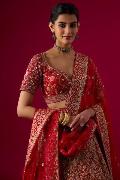 Red Silk Sequins Embroidered Lehenga Set