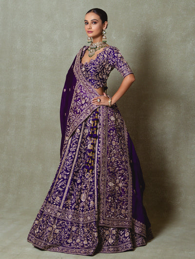 Purple Organza Embroidered Lehenga Set