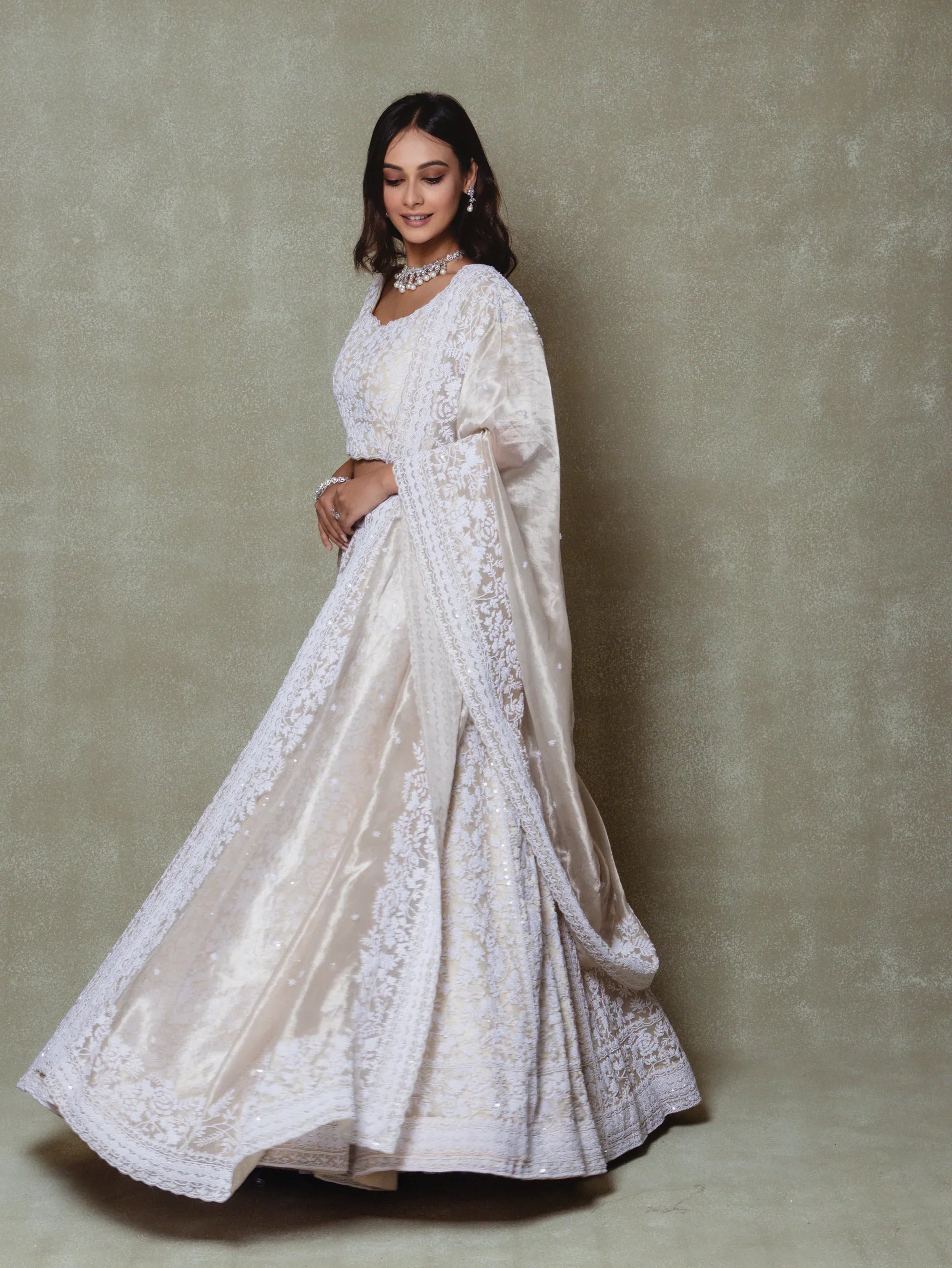 Champagne Tissue Pearls and Cutdana Embroidered Lehenga Set - Vedant G