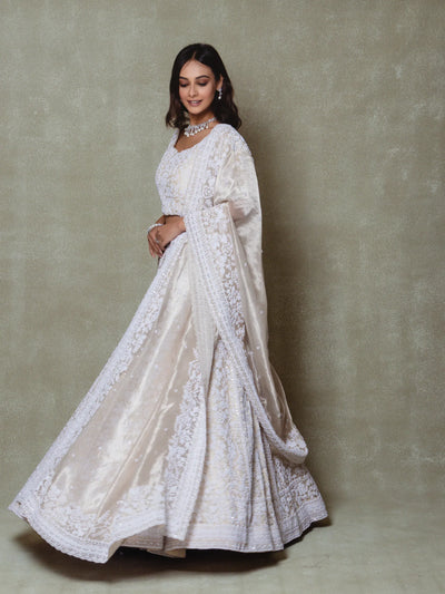 Champagne Tissue Pearls and Cutdana Embroidered Lehenga Set - Vedant G