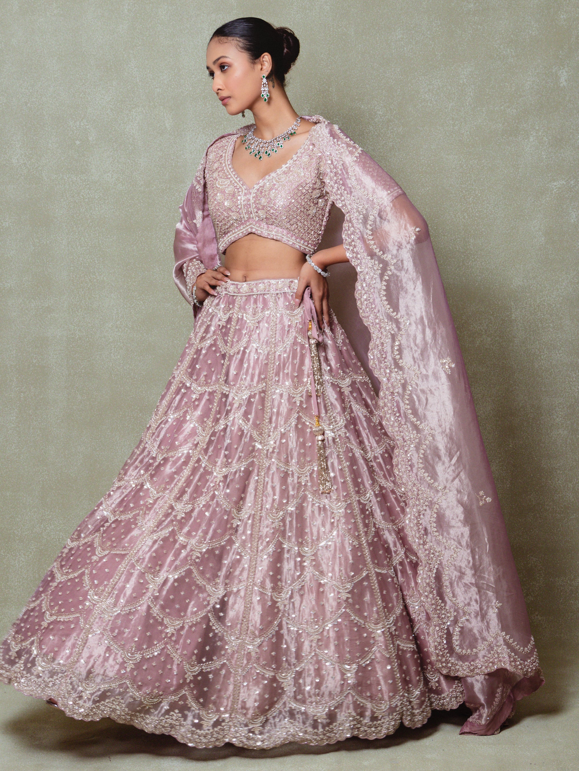 Rose Pink Tissue Pearls Embroidered Lehenga Set