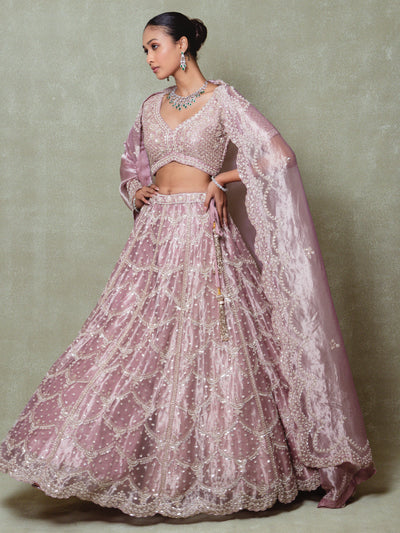 Rose Pink Tissue Pearls Embroidered Lehenga Set
