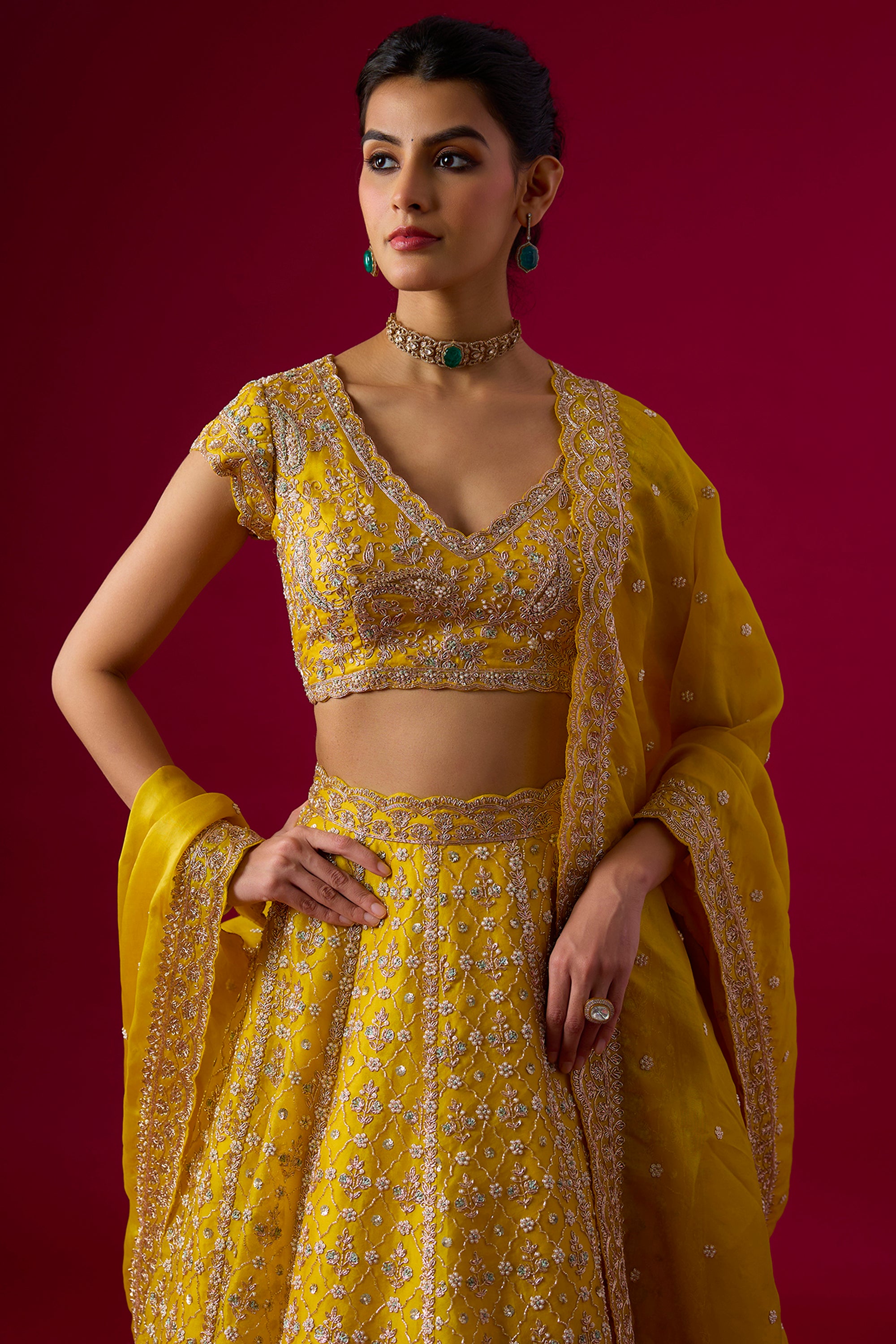 Yellow Organza Cutdana Embroidered Lehenga Set