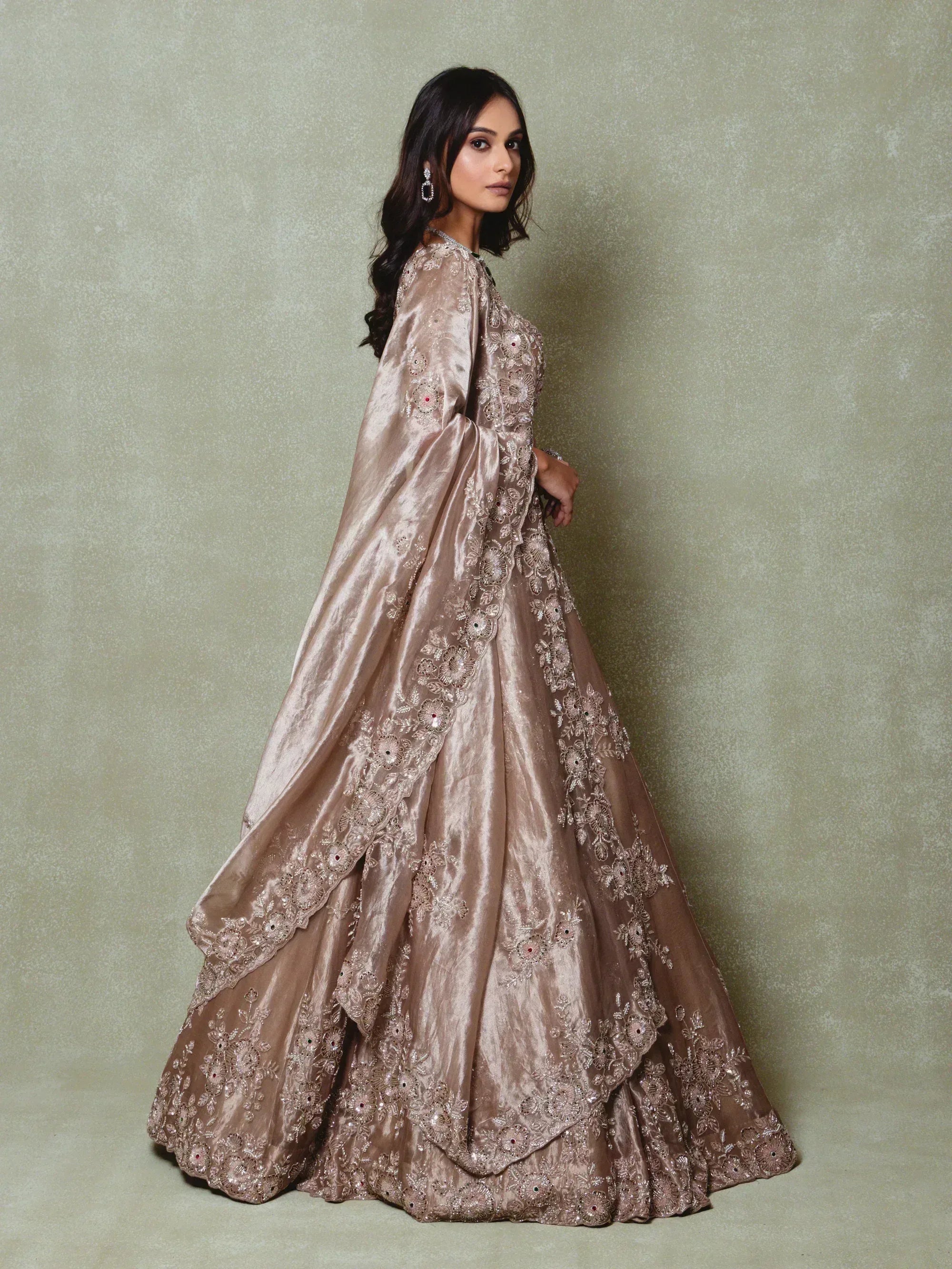 Brown and Silver Tissue Embroidered Lehenga Set - Vedant G